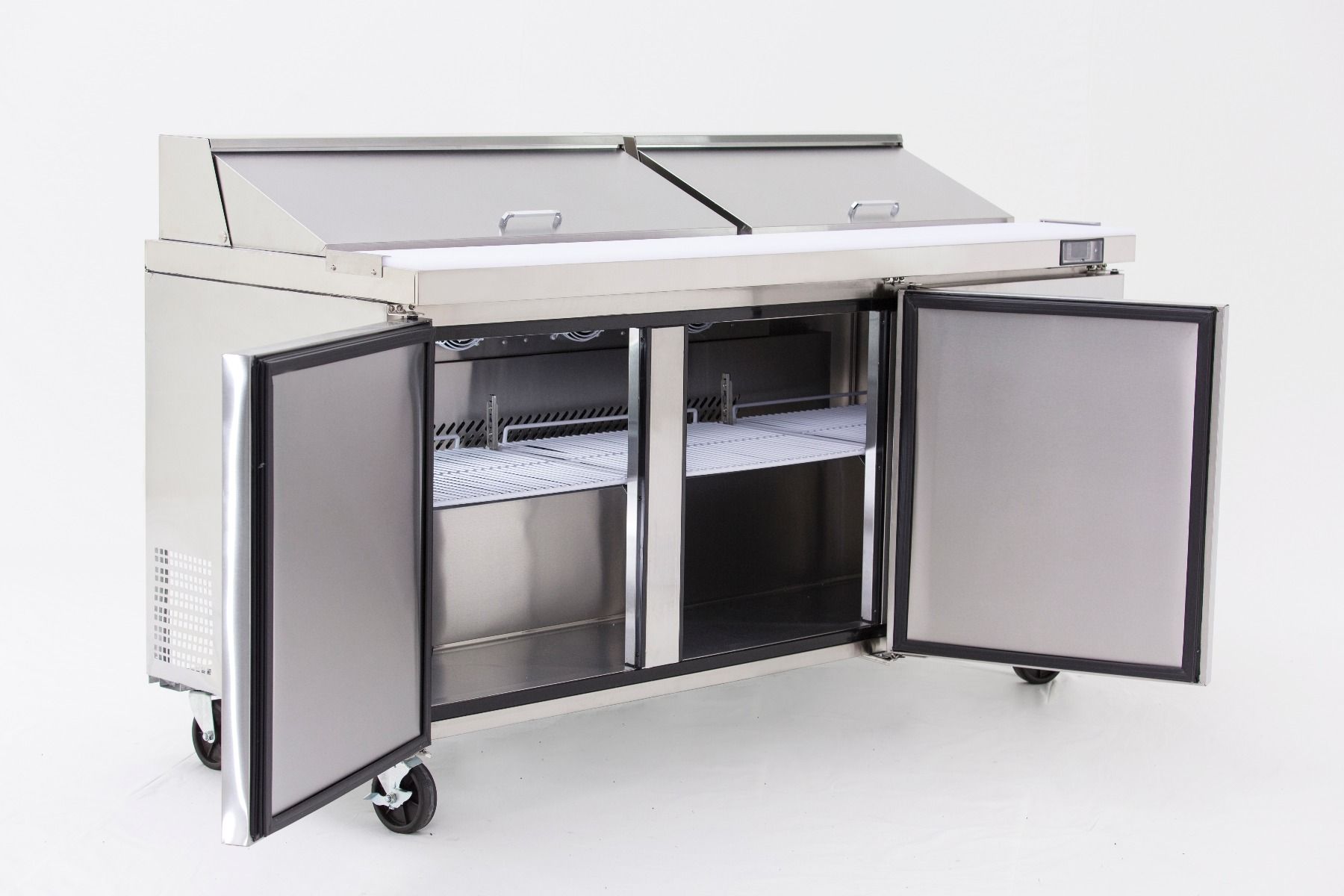 Atosa MSF8304 3-Door Commercial Sandwich Prep Refrigerator - Stainless Steel Work Table with Storage for Deli, Restaurant & Catering Use
