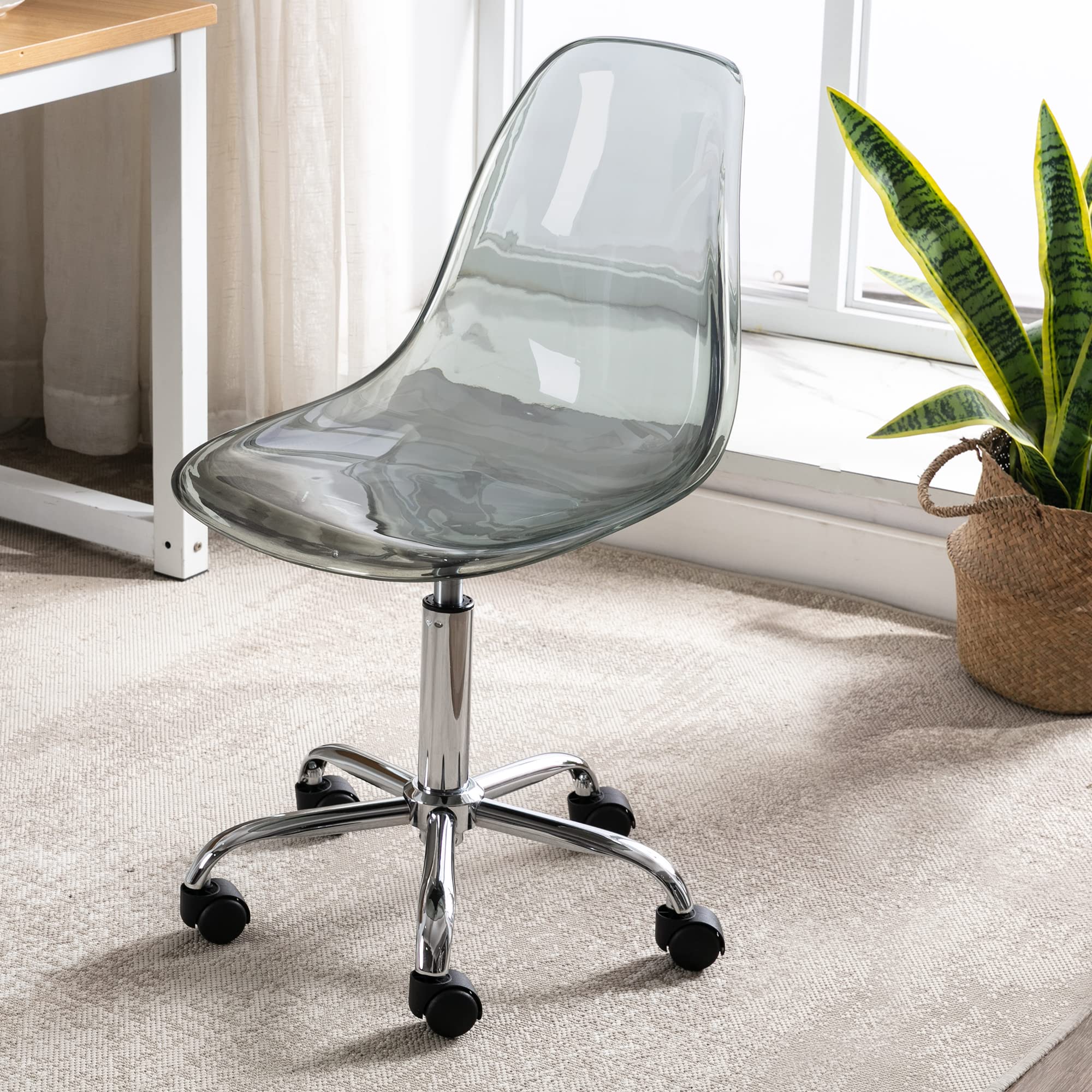 Modern Acrylic Clear Desk Chair - Adjustable Height Rolling Office Chair, Small Armless Plastic Vanity Chair for Home Office, Dorm, Study & Workspace - Black Lucite Ghost Chair with Wheels