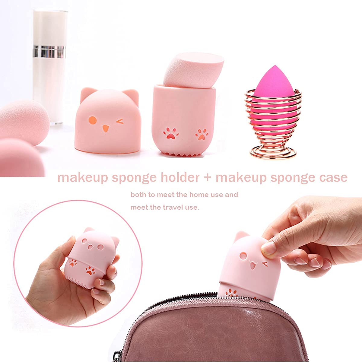 Premium Makeup Sponge Holder & Blender Travel Case - Pink & Gold Beauty Sponge Drying Stand & Storage Container | Portable Cosmetic Organizer for Home, Travel & Salon Use