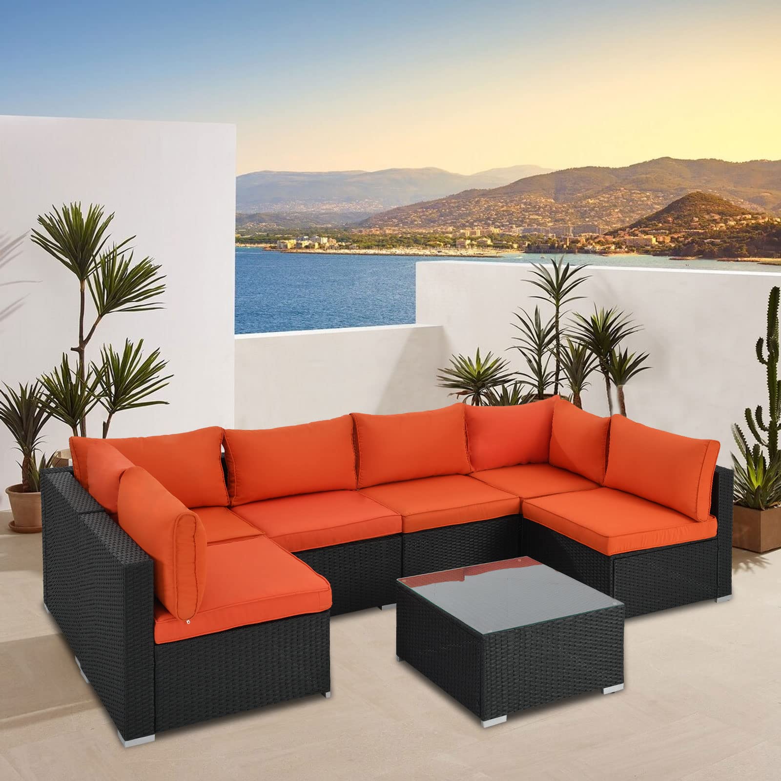 RoyalCraft 7-Piece All-Weather Black Wicker Patio Furniture Set with Glass Coffee Table & Orange Cushions - Outdoor Sectional Sofa Conversation Set for Backyard, Poolside, or Garden (Includes 2 Pillows) - 2022 Upgraded Design