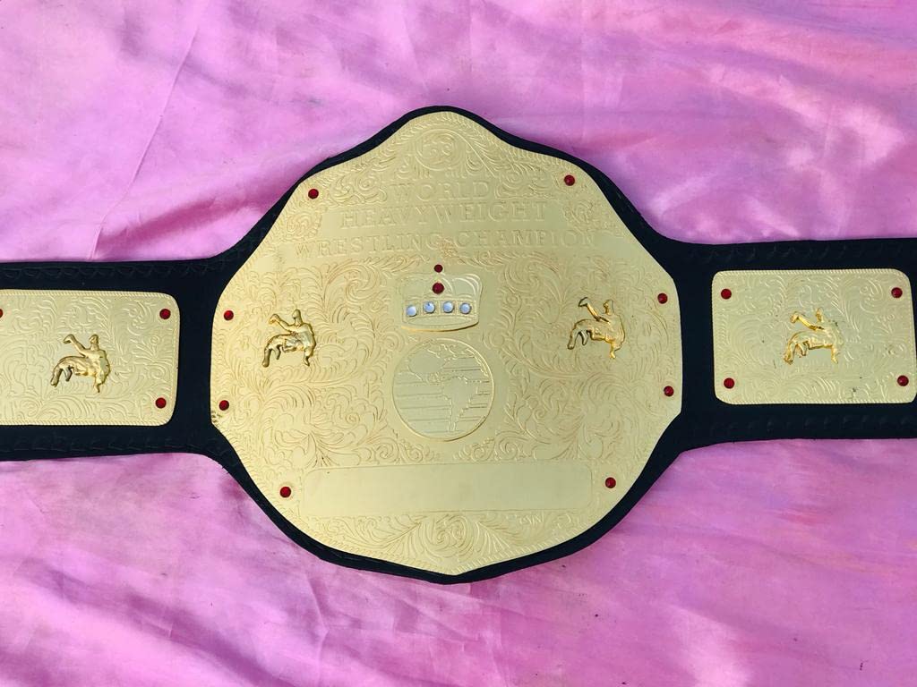 WWF Big Gold World Heavyweight Championship Wrestling Replica Belt - 2mm Gold Plated Brass, Black Leather Strap - Perfect for Cosplay, Collectors & Wrestling Fans