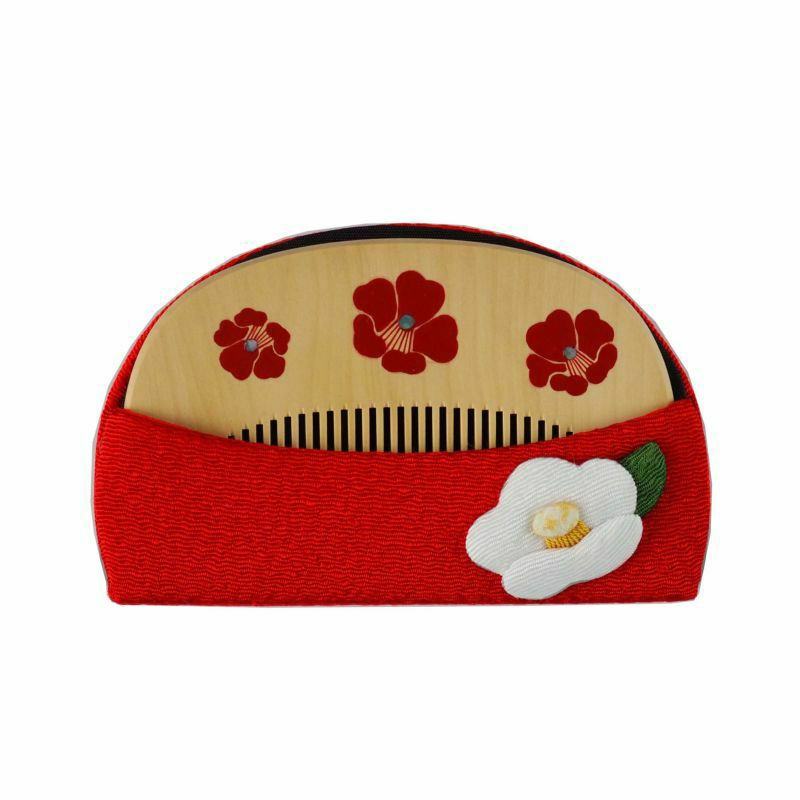 Handmade Japanese Maki-e Urushi Lacquer Tsuge Boxwood Hair Comb with Chirimen Crepe Fabric Case - Kyoto Traditional Craft, Camellia Design - Perfect for Weddings, Tea Ceremonies & Kimono Styling