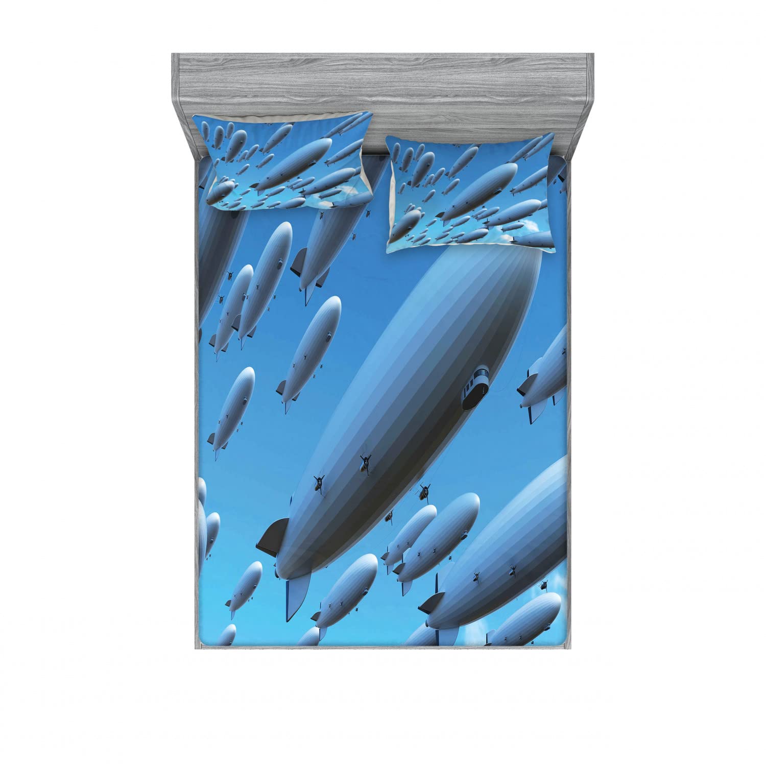 Ambesonne Zeppelin 2-Pack Queen Size Fitted Sheet & Pillow Sham Set - Sky Aviation Flight Themed 4-Piece Bedding Decor in Pale Blue | Soft & Breathable for Comfortable Sleep | Perfect for Bedroom, Guest Room, and Dorm Decor