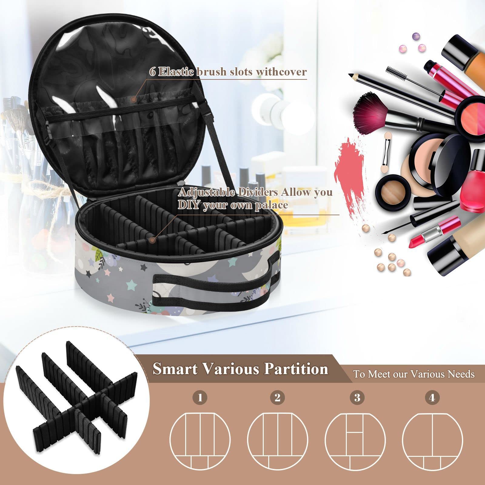 Linqin Travel Makeup Bag Organizer for Women - Portable Cosmetic Case with Adjustable Dividers, Moon Design Train Case for Toiletry, Jewelry & Brushes - Perfect for Travel, Home & Salon Use