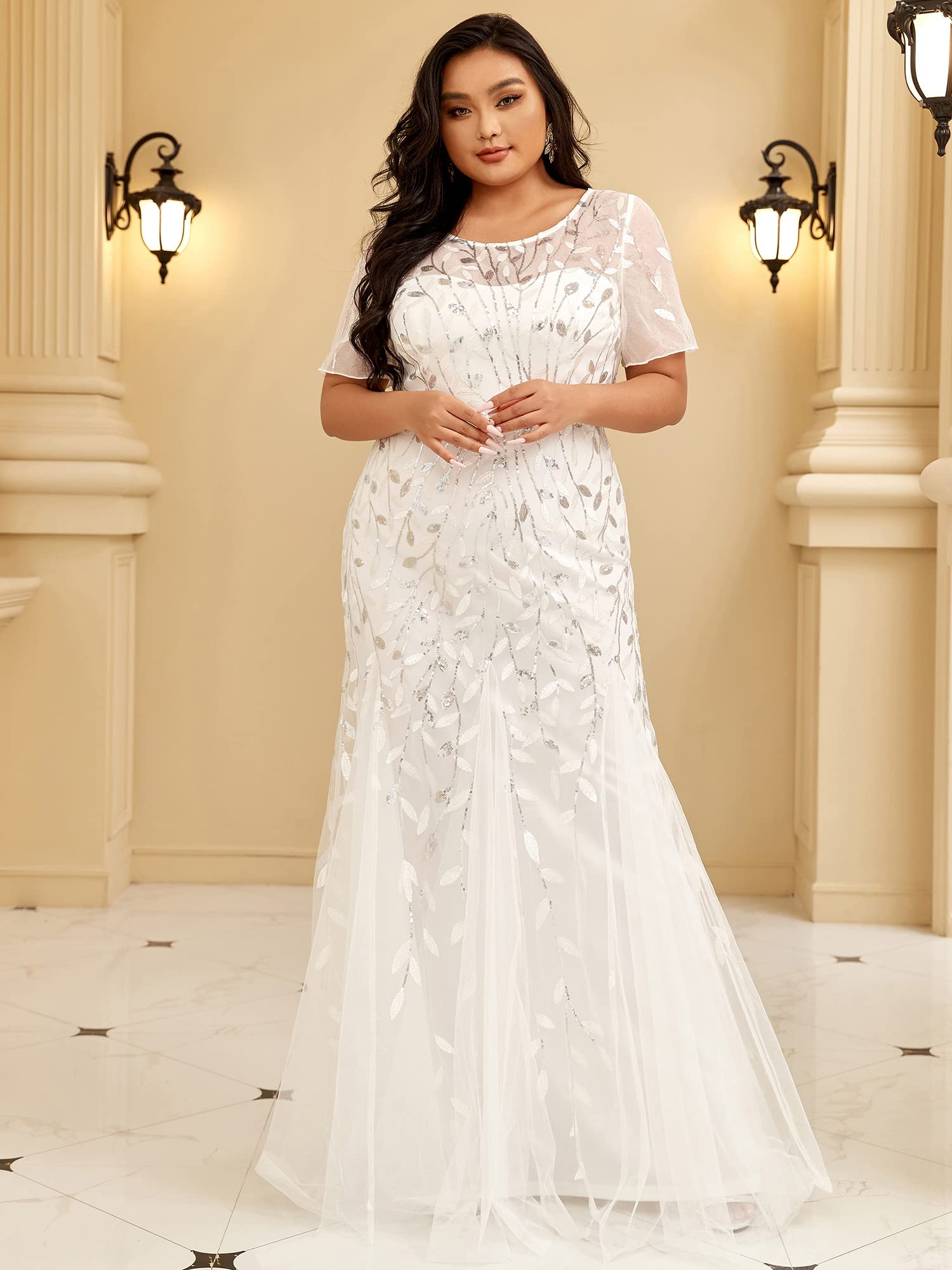 Ever-Pretty Women's Plus Size Embroidery Sequin Short Sleeve Bodycon Maxi Formal Dress 07707-PZUSA | Elegant Evening Gown for Prom, Wedding Guest, Cocktail Party & Special Occasions