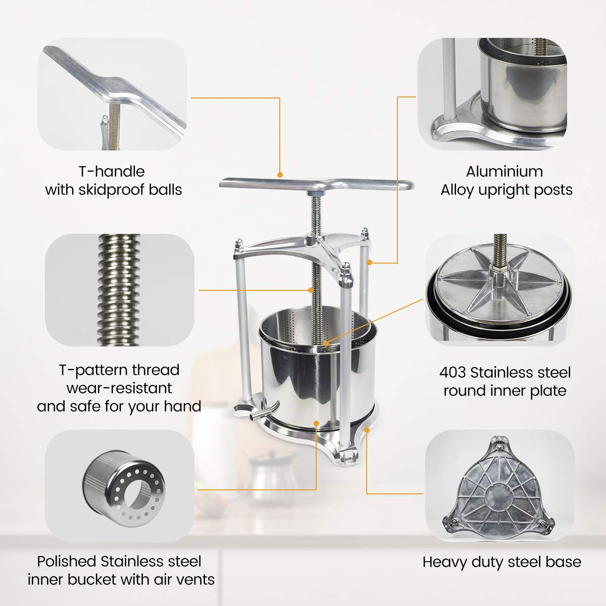 Premium 1.6 Gallon Fruit Wine Press - 100% Natural Juice Extractor for Apples, Carrots, Oranges, Berries & Vegetables | Cheese Making, Tincture & Herbal Press (Silver) | Perfect for Home Brewing, DIY Juicing & Healthy Living