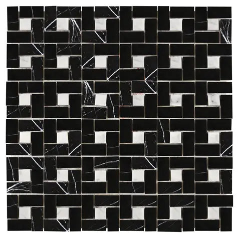 Nero Marquina Marble Pinwheel Mosaic Tile with White Dots - Elegant Black and White Geometric Pattern for Kitchen Backsplash, Bathroom Wall, and Flooring Decor