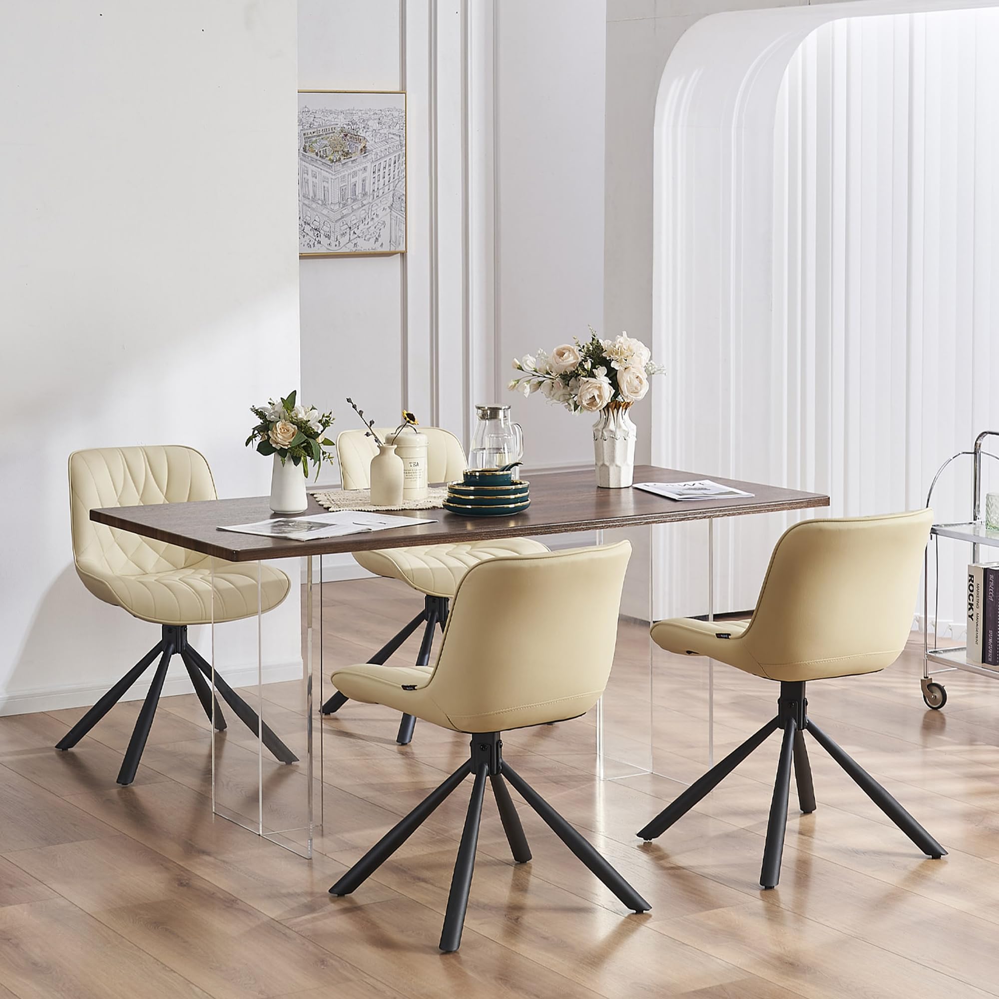 YOUNUOKE Mid Century Modern Dining Chairs Set of 2 - Upholstered Faux Leather Kitchen Chairs with Sturdy Metal Legs, Beige - Perfect for Dining Room, Kitchen, Restaurant & Home Decor