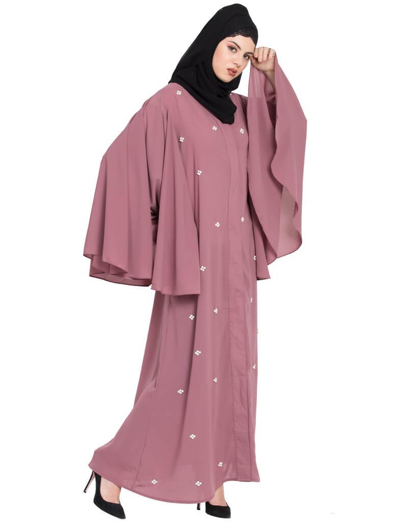Elegant Arabic Butterfly Sleeve Open Front Pearl Embellished Dubai Kaftan - Pink Abaya for Women | Perfect for Weddings, Parties & Special Occasions
