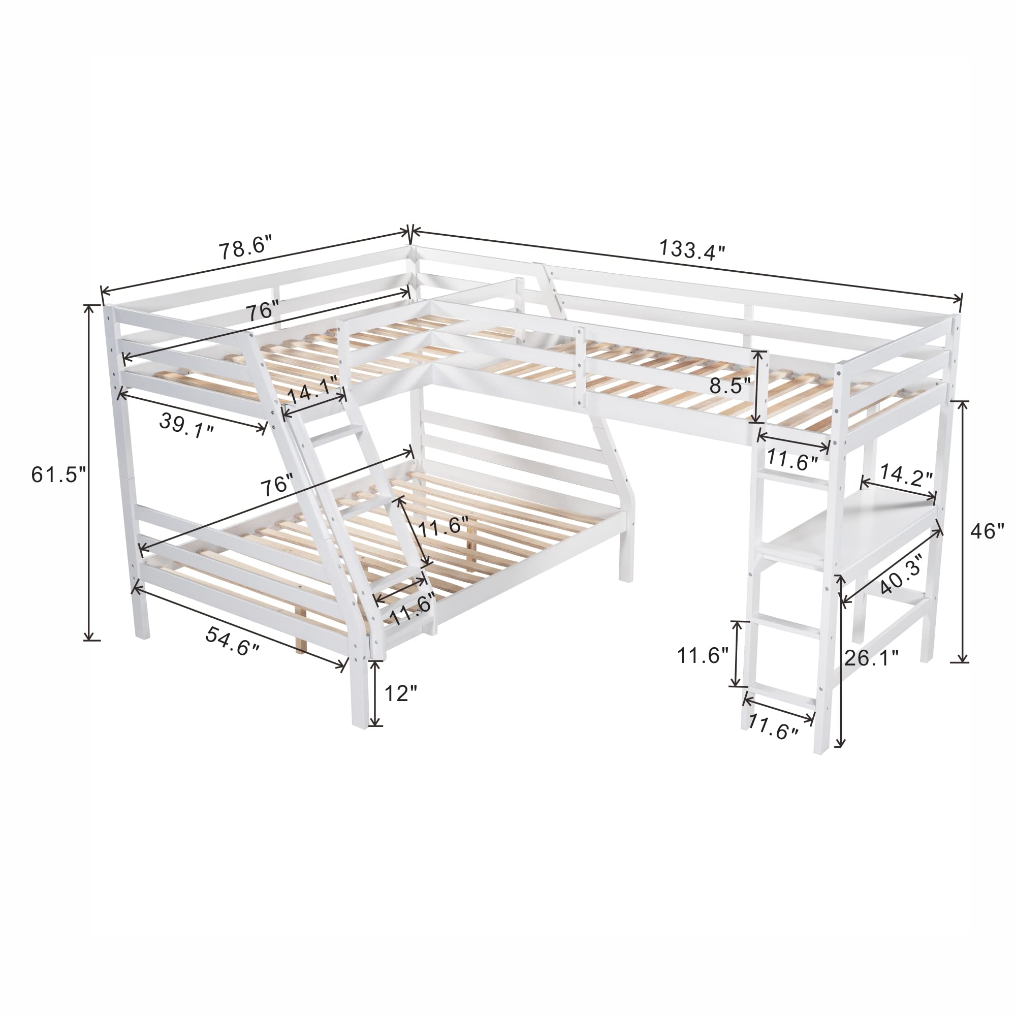 SOFTSEA L-Shaped Corner Bunk Bed with Built-in Desk for 3 Kids - Twin Over Full Triple Bunk Bed & Twin Loft Bed for Teens - Space Saving Kids Bedroom Furniture for Small Rooms, Dorm, or Shared Bedrooms