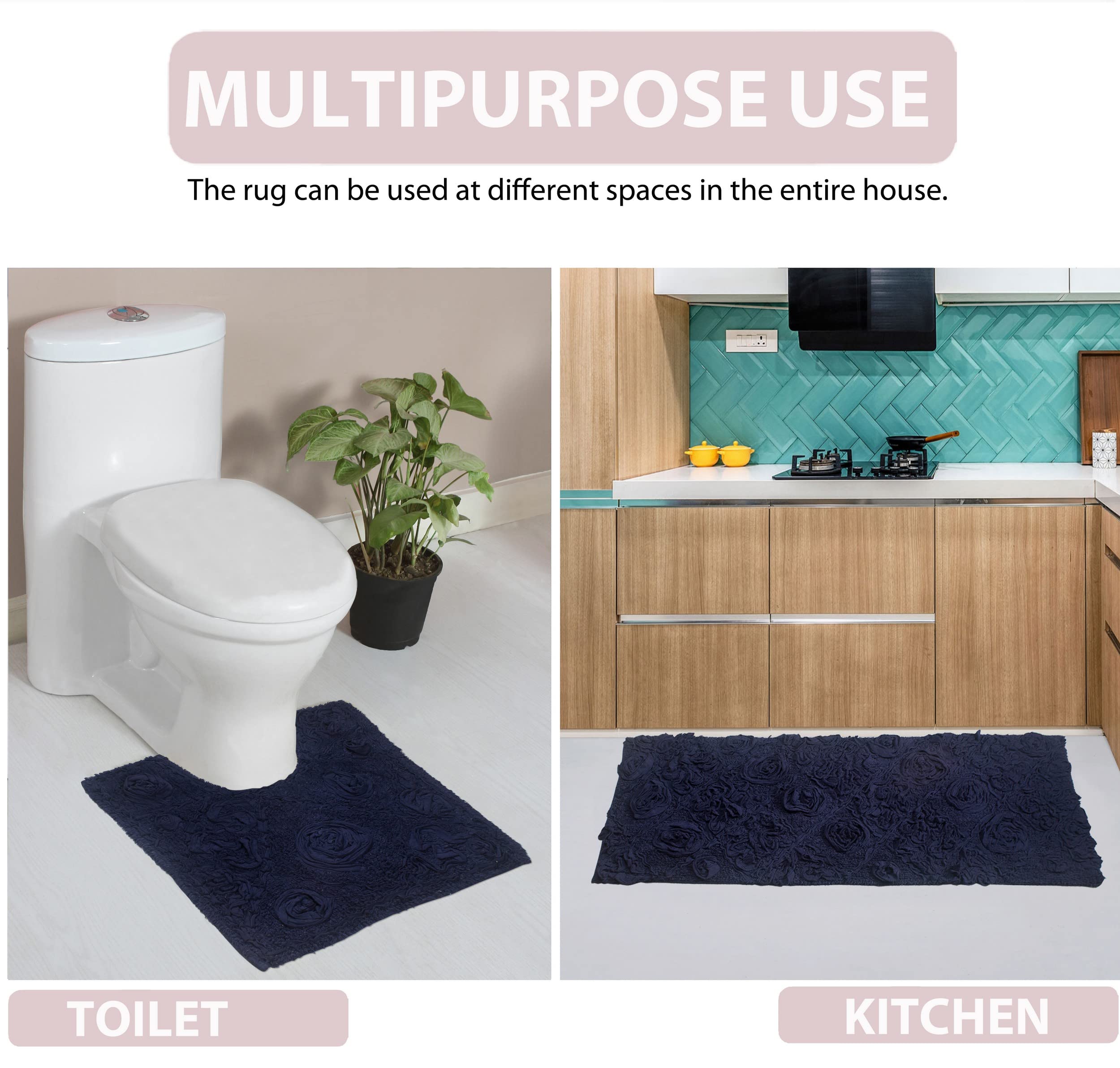 Home Weavers Modesto 100% Cotton Bath Rug Set - Ultra Soft, Absorbent & Washable Non-Slip Bathroom Mats - 3 Piece Contour Set in Navy Blue | Perfect for Bathroom, Kitchen & Entryway Floor Protection