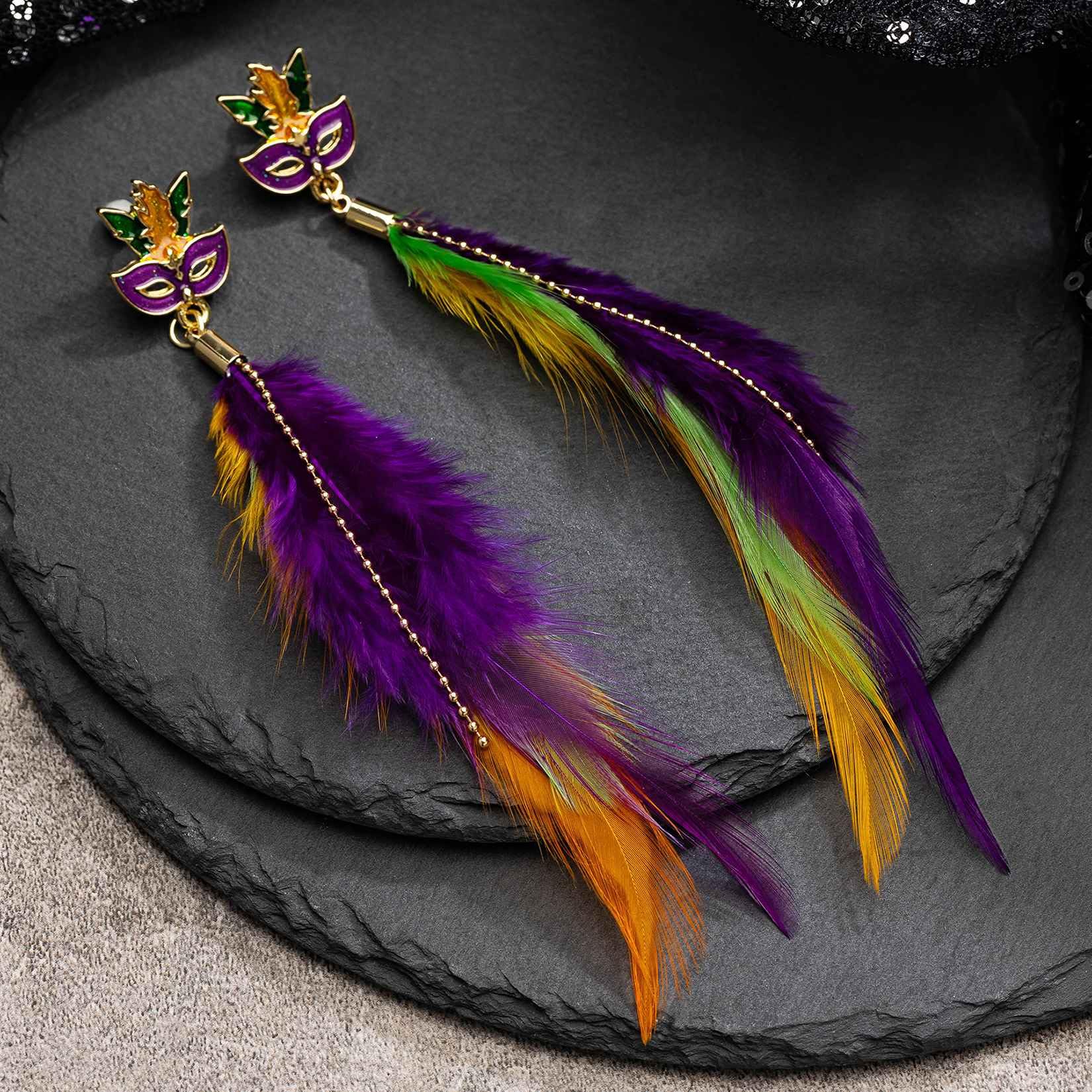 Colorful Mardi Gras Feather Dangle Earrings for Women & Girls - Carnival Mask Drop Earrings Jewelry for Holiday Parties, Festivals & Costume Events