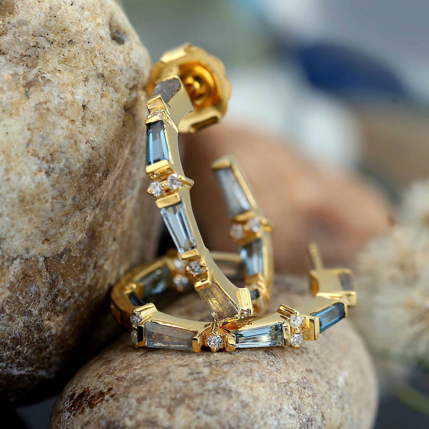 Labradorite Tapered Cut Aquamarine Pave Diamond Hoop Earrings in 14K Yellow Gold - Elegant Dangle Earrings for Women, Perfect for Weddings, Parties & Special Occasions