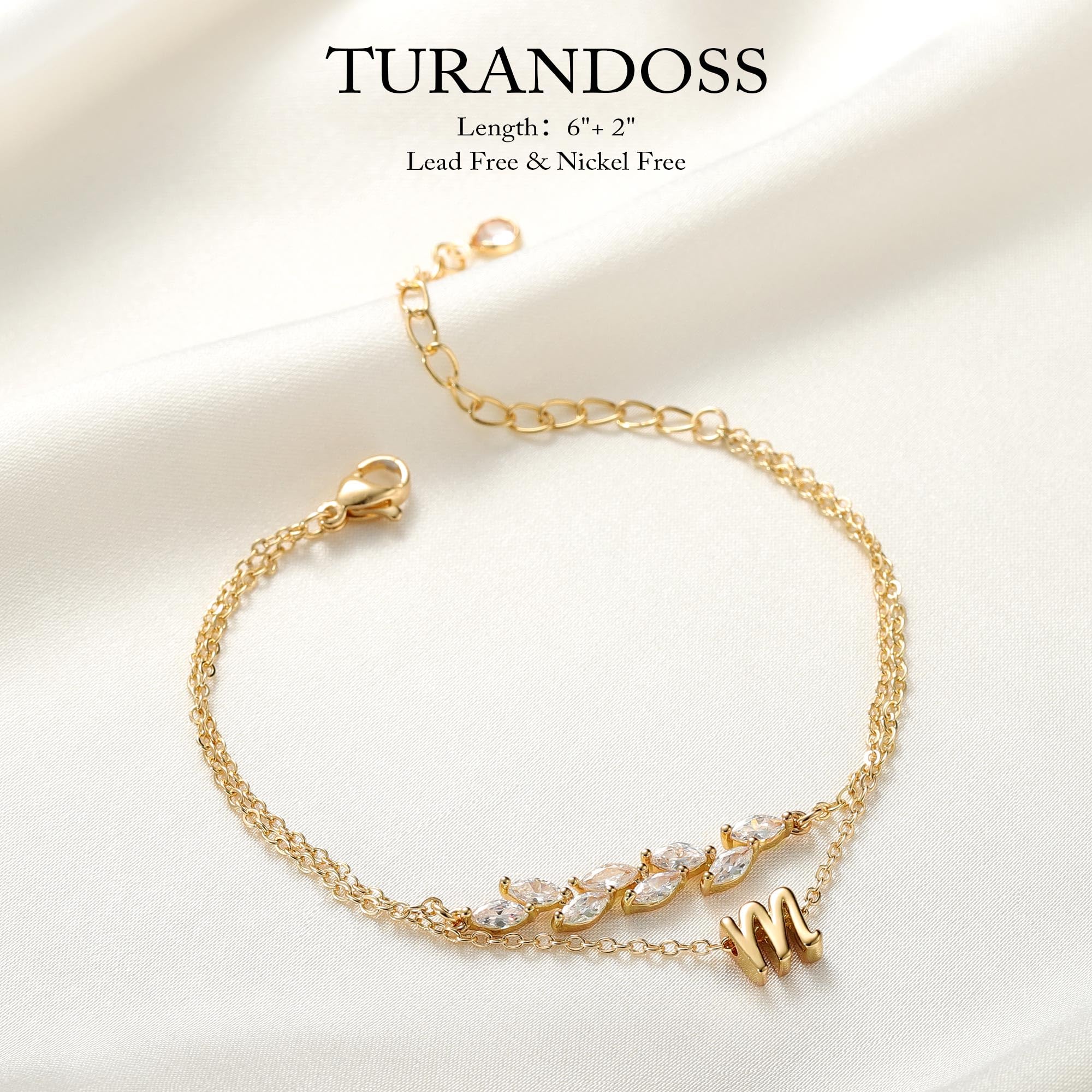 Turandoss 14K Gold Plated Initial Charm Bracelet for Women - Layered Gold CZ Leaf Bracelet, Bridesmaid Proposal Gift, Bride Gift - Perfect for Weddings, Anniversaries & Special Occasions