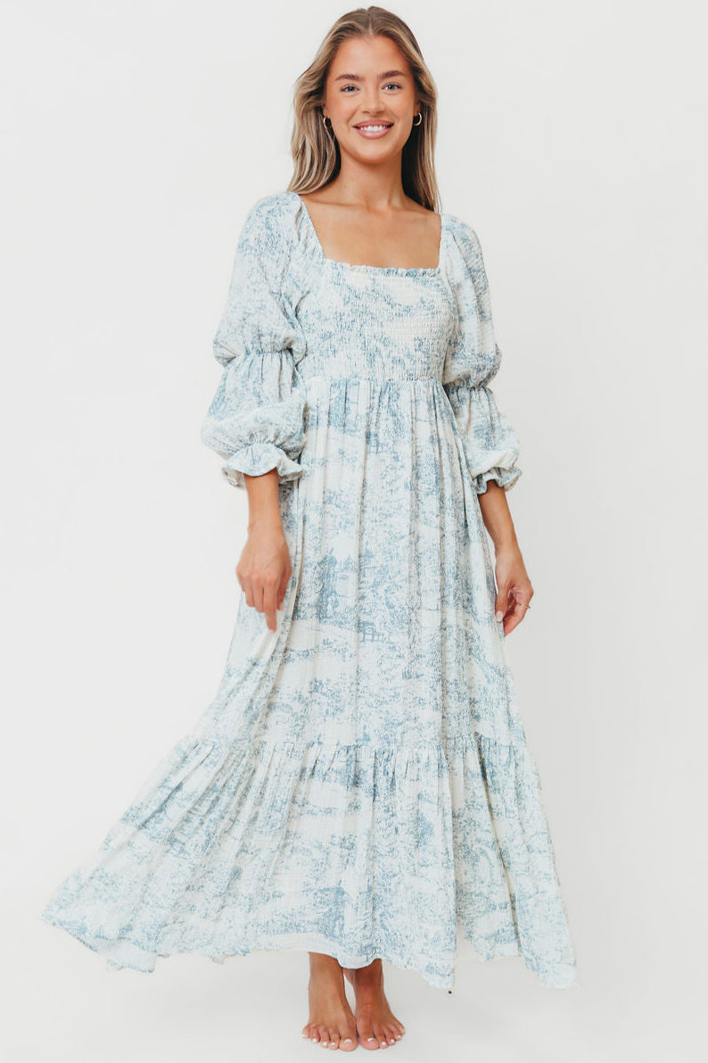 Emerson 100% Cotton Smocked Maxi Dress with Long Sleeves - Blue Toile Floral Print Maternity Bump Friendly | Perfect for Pregnancy, Nursing, Baby Showers & Special Occasions