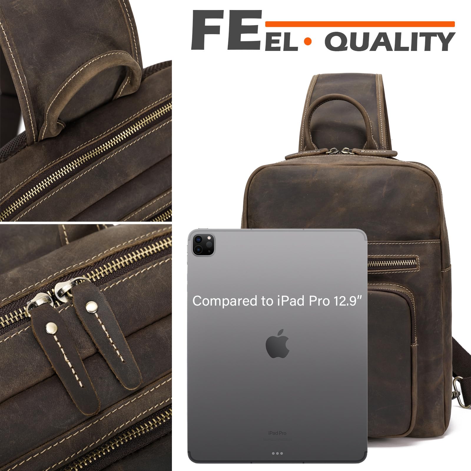 Premium Full Grain Leather Sling Chest Bag for 12.9