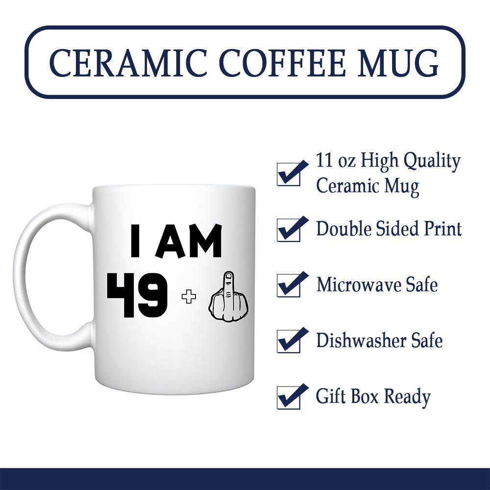 Veracco I'm 49+1 Middle Finger Ceramic Coffee Mug - Funny 50th Birthday Gift for Men & Women - Fifty and Fabulous Novelty Cup (White) - Perfect for Office Pranks, Retirement Parties & Milestone Celebrations