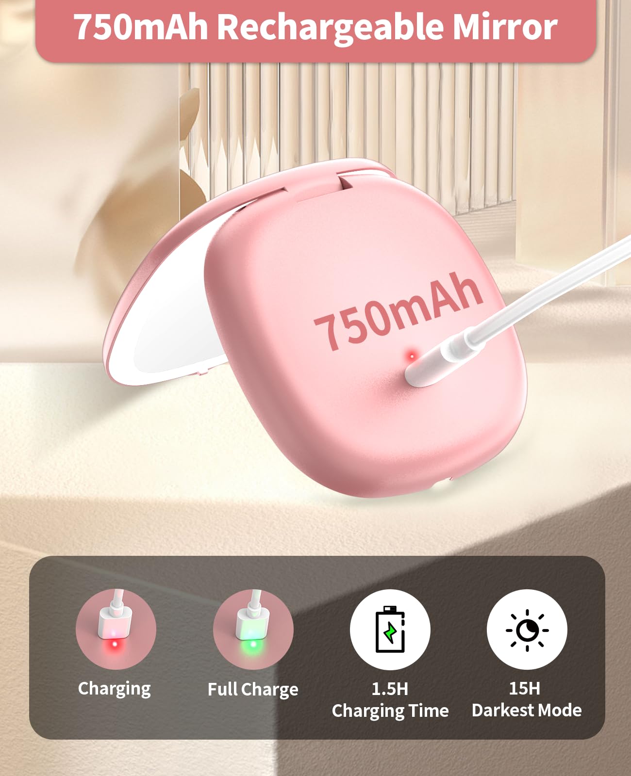 Wobsion Rechargeable Travel Mirror with LED Light - 1x/10x Magnifying Compact Mirror, Dimmable 2-Side Handheld Mirror (4 Inch) - Perfect for Makeup, Skincare & Travel - Portable Rose Gold Vanity Mirror for Handbag, Purse & Gift Ideas