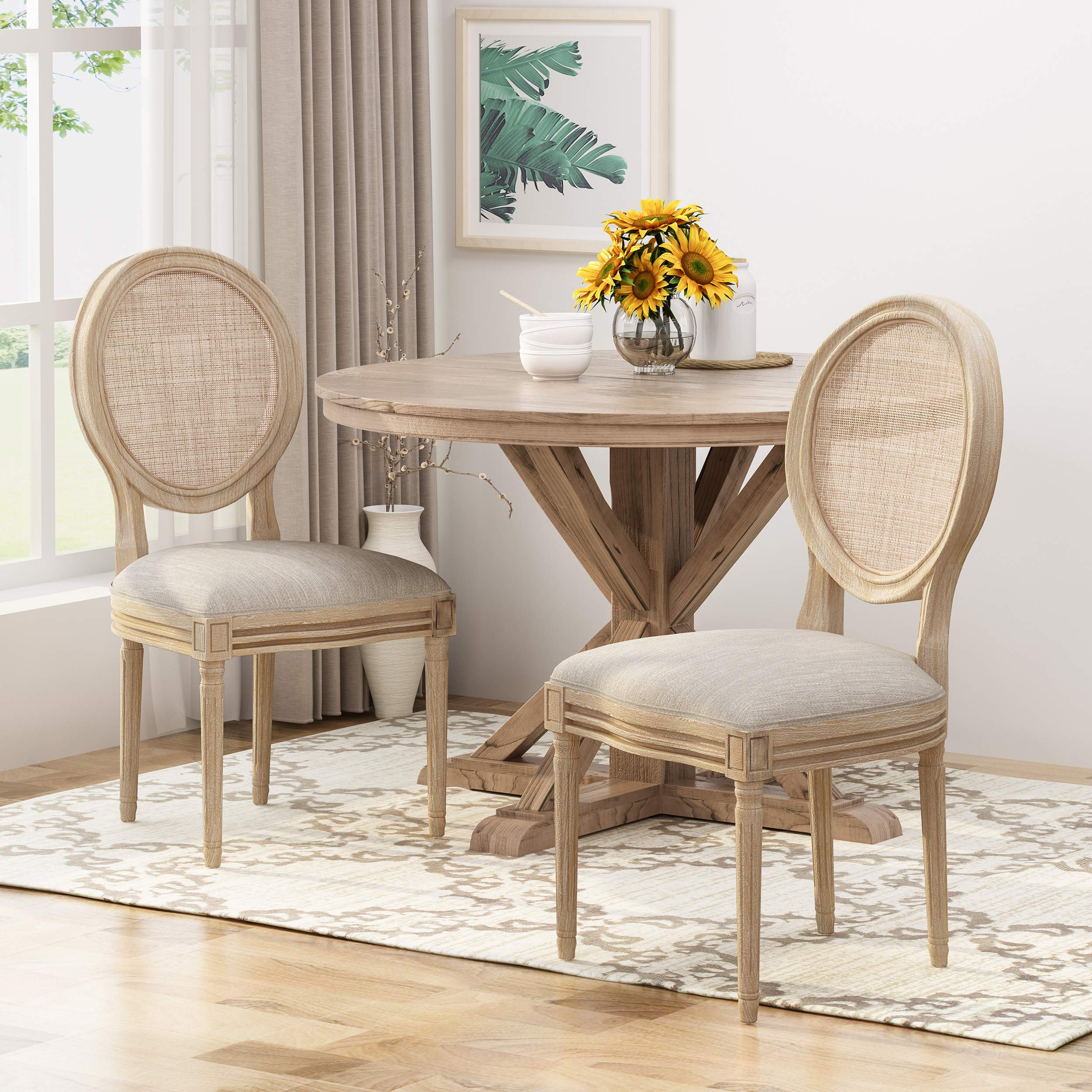 GDFStudio Wooden Dining Chairs with Wicker and Fabric Seating - Set of 2, Beige & Natural - Modern Farmhouse Style for Kitchen, Dining Room, or Breakfast Nook