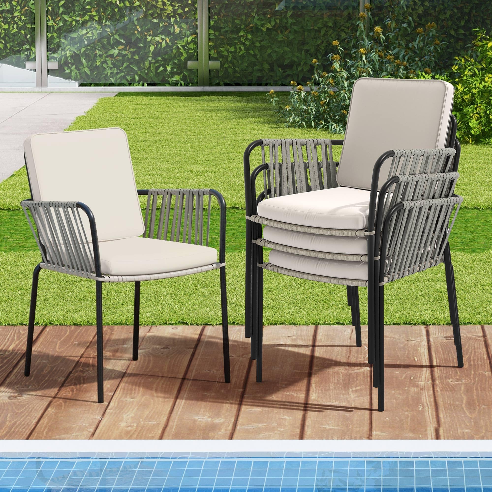 DWVO 4-Piece Outdoor Dining Set with Arms & Cushions - Grey Rattan & Rope Patio Chairs for Garden, Porch, Backyard, Poolside & Balcony - Perfect for Outdoor Entertaining & Relaxation