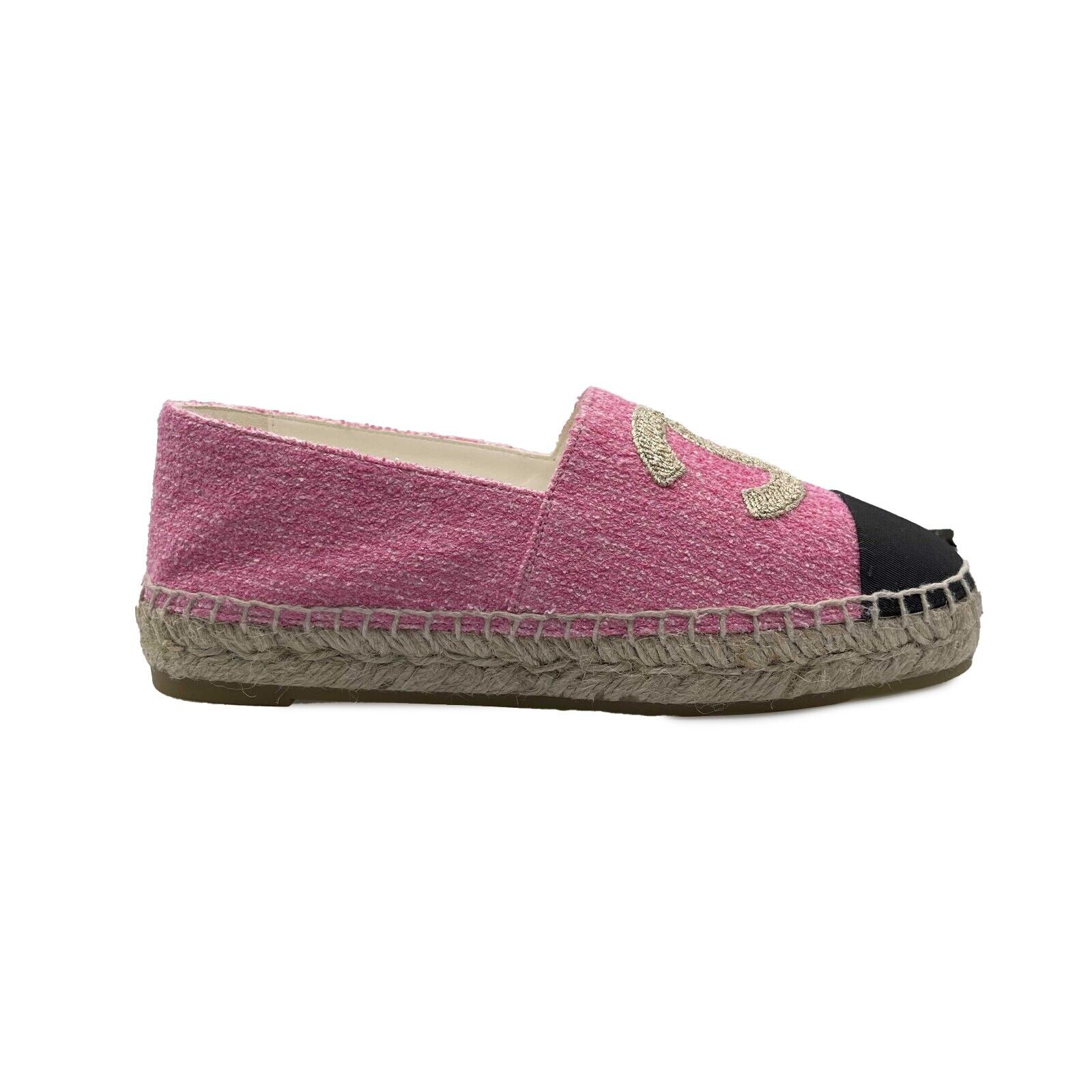 Chanel 23C New in Box Tweed Grosgrain CC Pink Gold & Black Espadrilles - Size 37 (US 7) | Luxury Women's Flats for Parties, Weddings & Summer Outfits