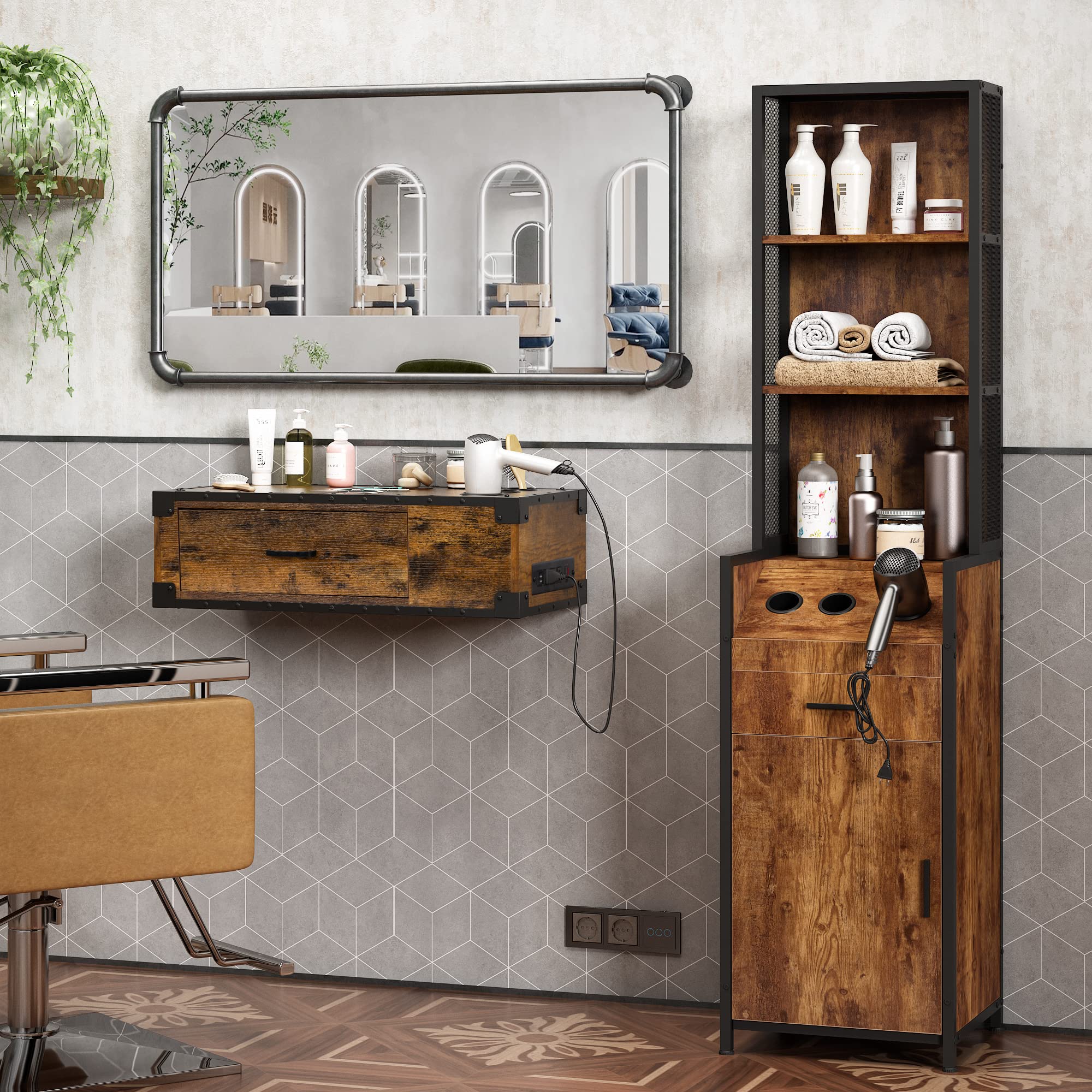 Professional Industrial Style Hair Salon Station - Heavy Duty Beauty Equipment for Stylists, Spas & Barbers - Rustic Brown Storage Cabinet with 3 Hair Dryer Holes & Lockable Drawers - Perfect for Salon Organization & Client Workstations