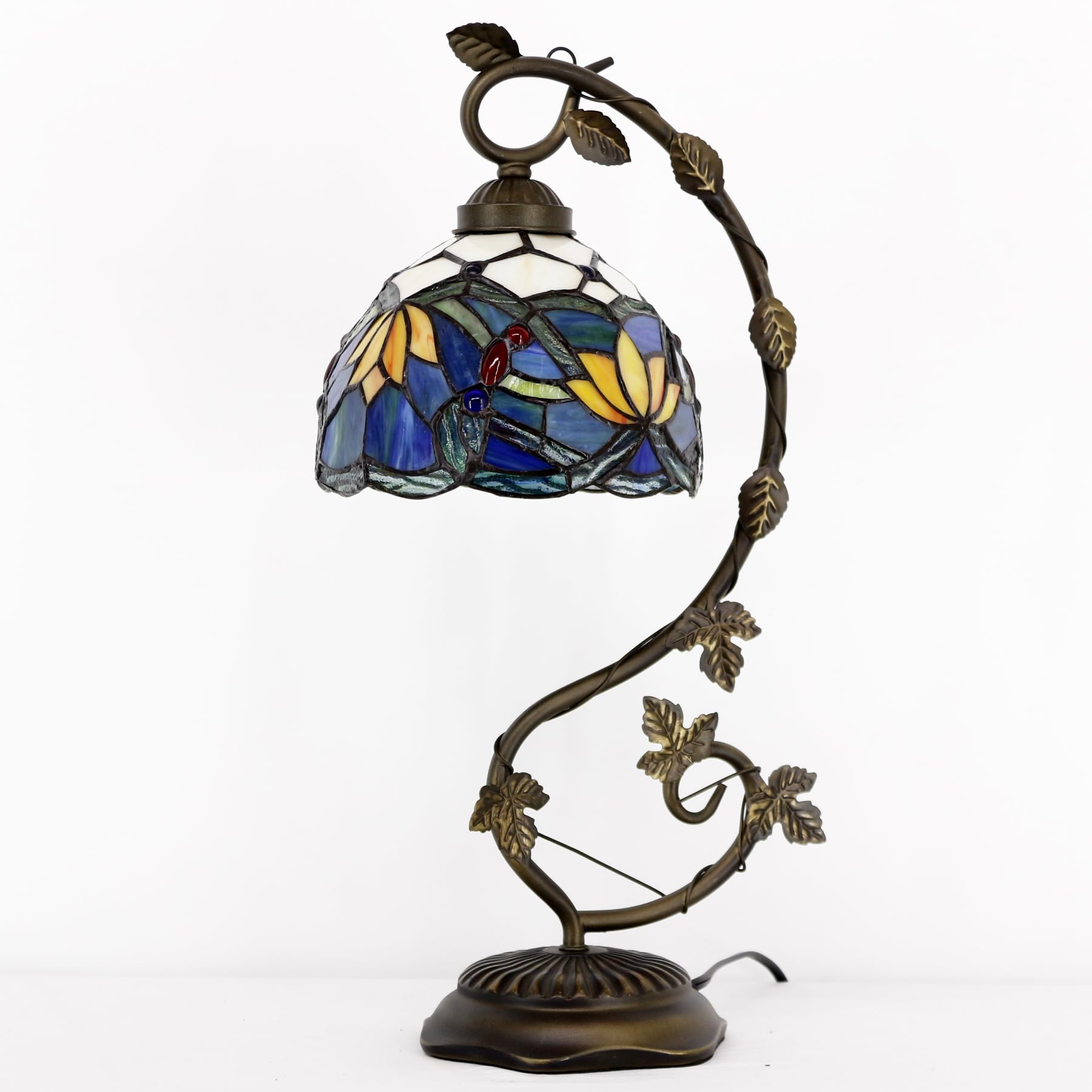 Tiffany Style Blue Stained Glass Lotus Table Lamp with Metal Leaf Base - 8x10x21 Inch Desk Reading Light for Bedroom, Home Office & Small Space Decor | S220 Series | Perfect for Cozy Reading Nooks & Nightstand Lighting