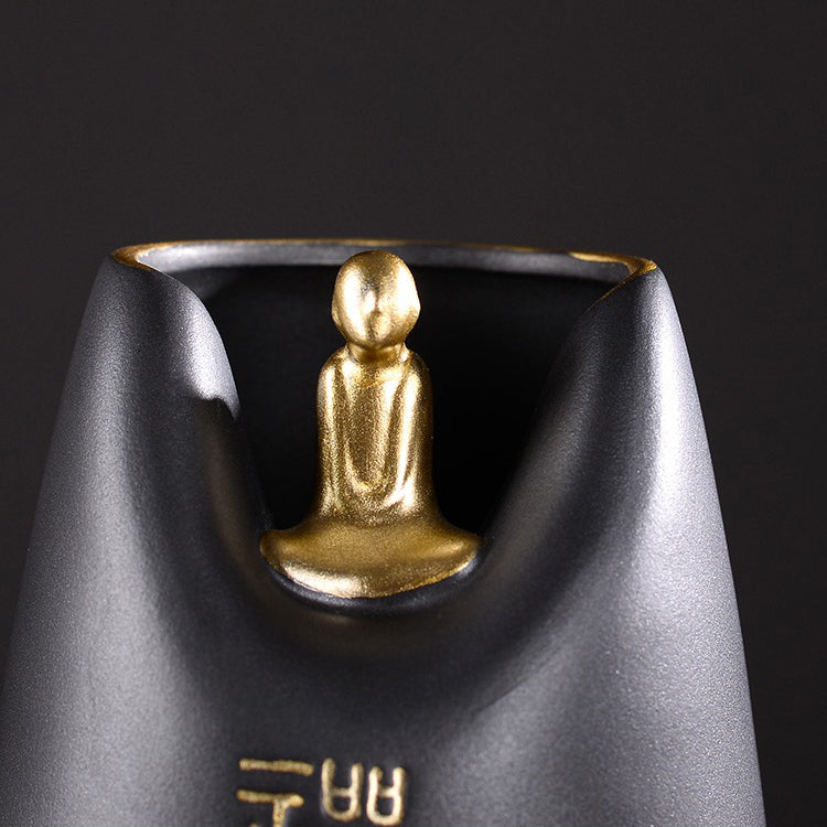 Handcrafted Ebony Tea Set with Coarse Pottery Monk Holder - Traditional Japanese Tea Ceremony Accessories for Matcha & Loose Leaf Tea Brewing