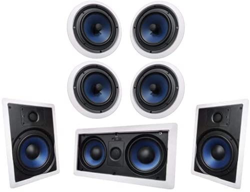 Silver Ticket 7.1 Channel Home Theater Speaker System Bundle - 3 In-Wall (Center, Left, Right) & 4 In-Ceiling Surround Sound Speakers for Immersive Movie Nights & Music Listening