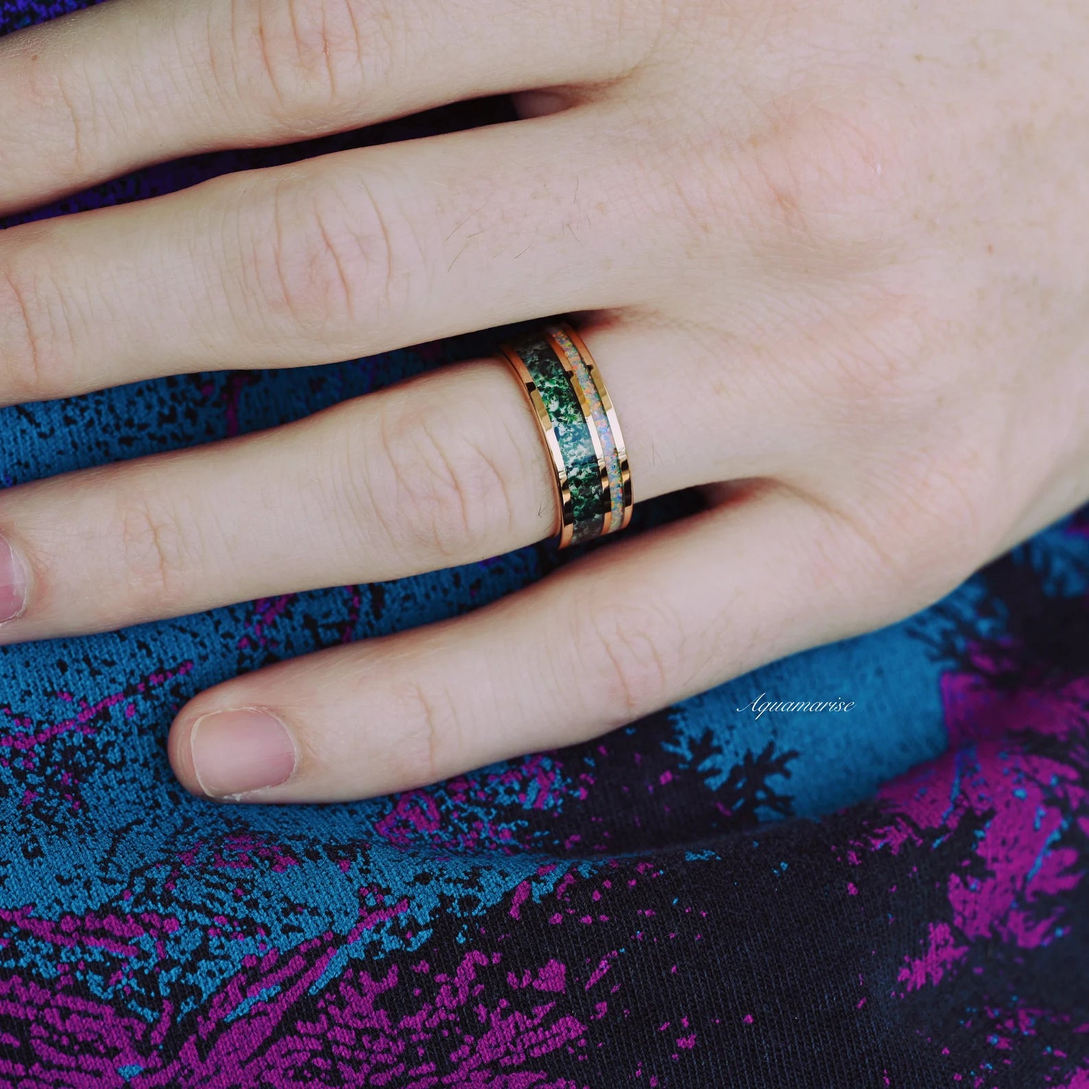 Moss Agate & Fire Opal Couples Ring Set for Men and Women - Matching Wedding Bands, Anniversary Gifts, Promise Rings - Perfect for Engagements, Valentine's Day, and Romantic Occasions