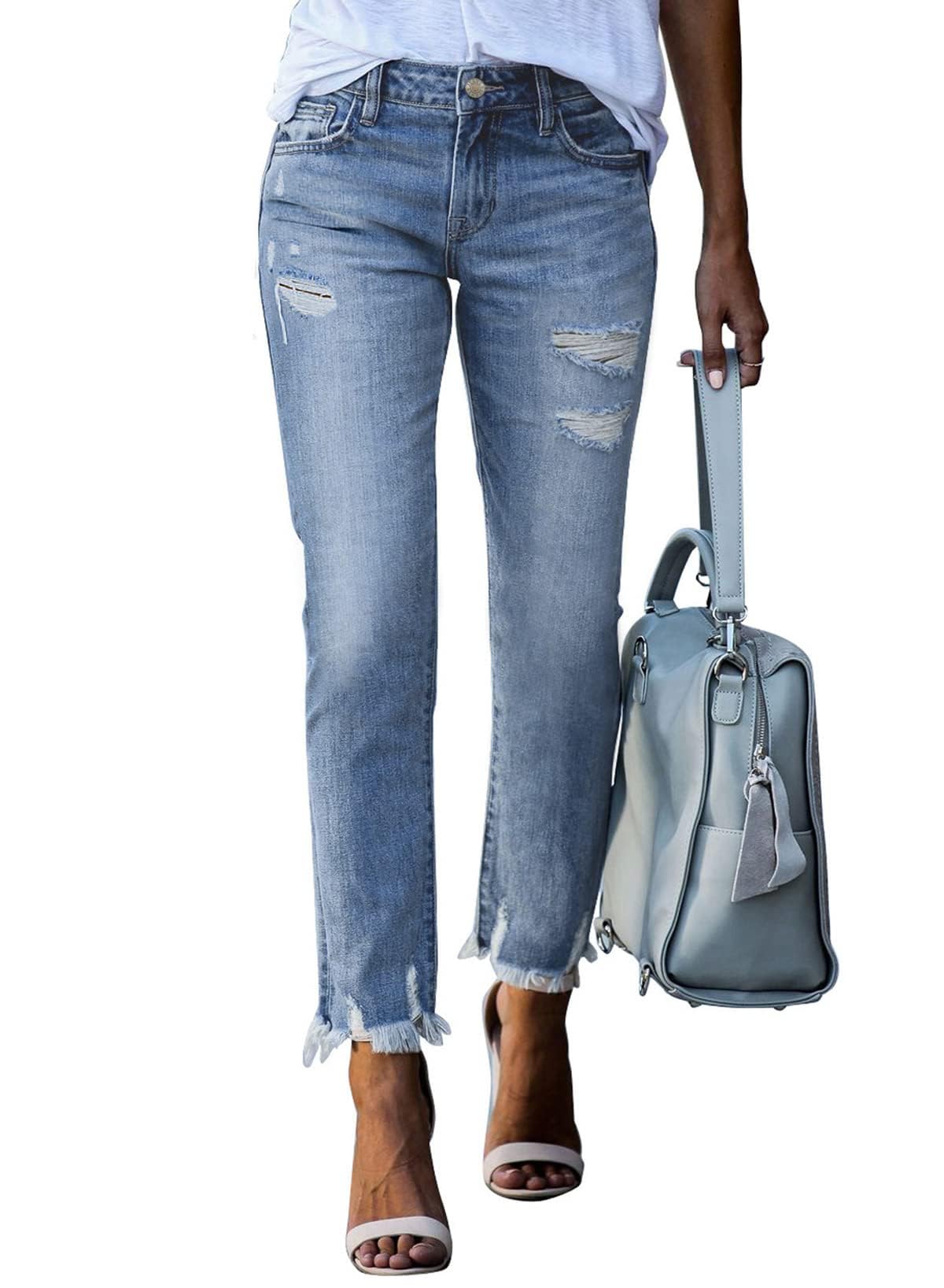 EVALESS Women's Mid Waist Stretch Ripped Distressed Jeans - Tummy Control Straight Leg Ankle Jeans for Women | Trendy 2025 Fashion | Perfect for Casual Outfits, Date Nights & Office Wear