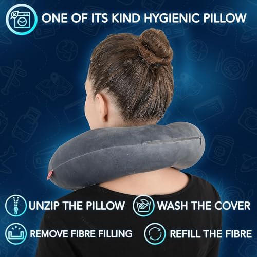 Ergonomic Memory Foam Travel Neck Pillow for Airplane, Car & Train - Comfortable Support for Sleeping on Flights & Long Trips - Grey - 5-Year Warranty - Perfect for Men & Women Travelers, Business Trips & Commuting