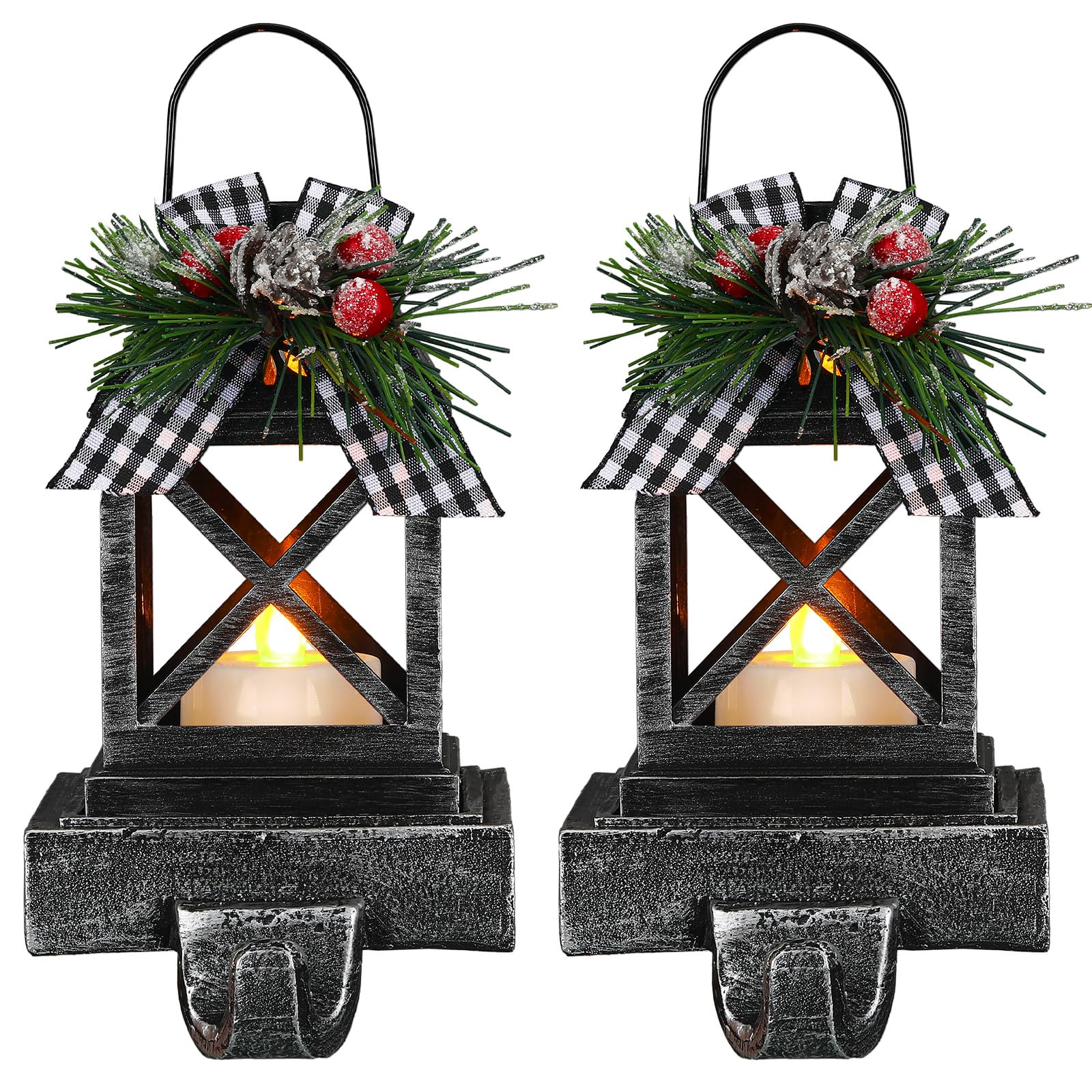 Therwen 2-Pack Christmas Stocking Holders - Classic Black Retro Lantern Hangers with Lights for Fireplace Mantel - Indoor/Outdoor Holiday Decor for Home, Party & Gift Giving