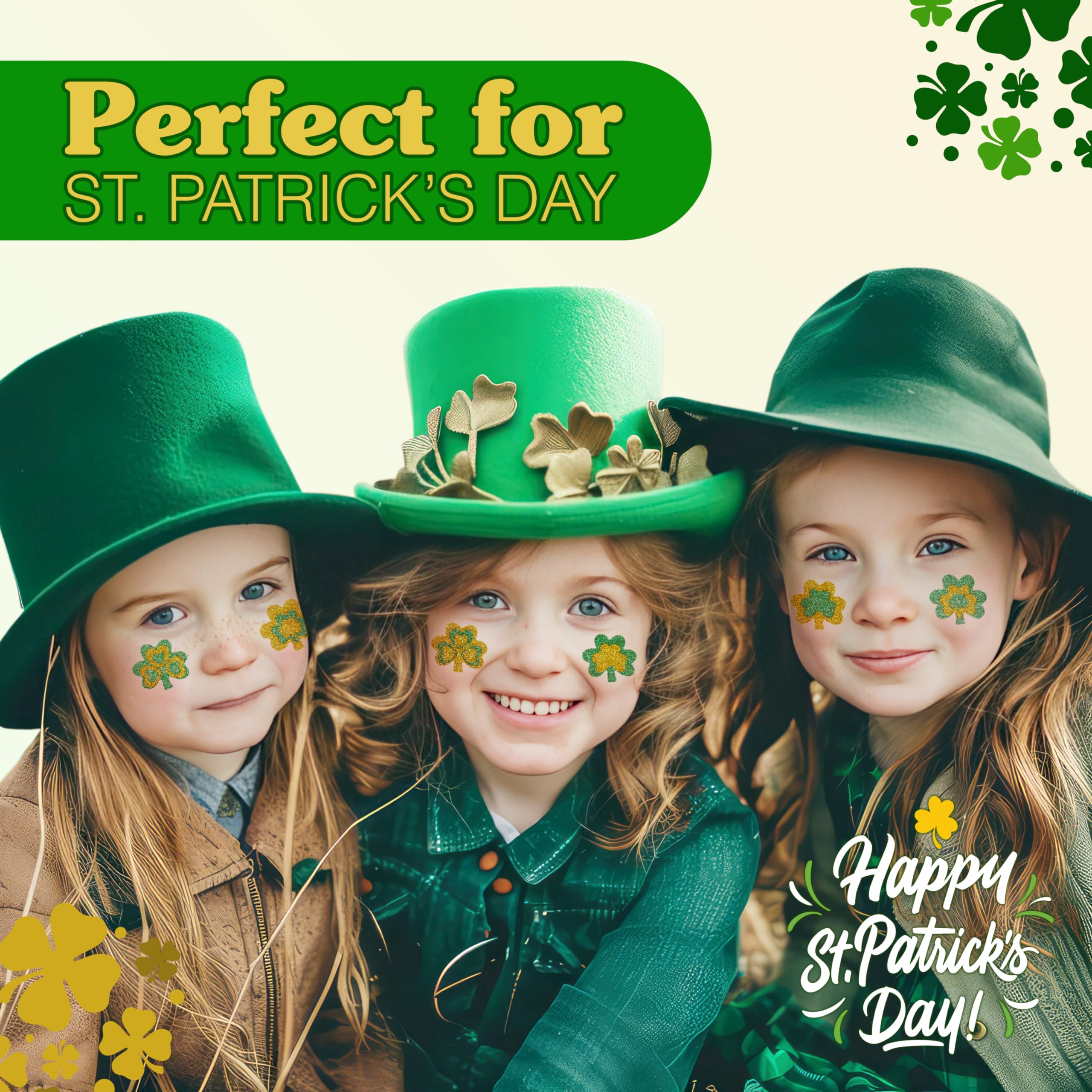 4E's Novelty Shamrock Temporary Tattoos - 24 Pack Glitter St. Patrick's Day Tattoos for Kids & Adults | Irish Party Favors, Face & Body Art | Perfect for Festivals, Parades & Themed Events