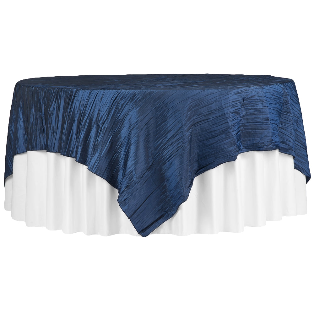 Premium Accordion Crinkle Taffeta Table Overlay Topper - 85x85 Inch Square Tablecloth - Navy Blue - Elegant Dining & Party Decor for Weddings, Holidays, and Special Events