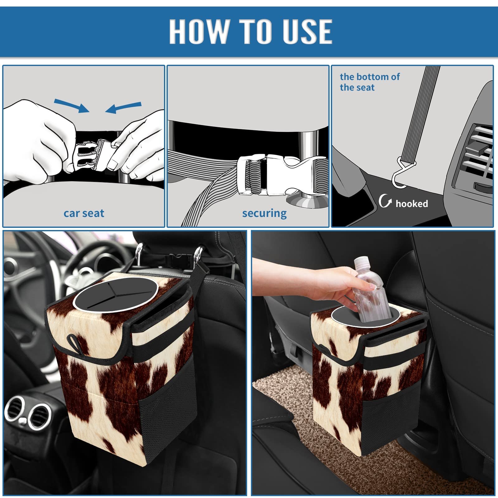 Western Cowhide Car Trash Can with Lid - Collapsible Reusable Waterproof Auto Garbage Bin for Car, Truck & SUV | Car Accessories Interior Organizer for Road Trips, Commuting & Camping