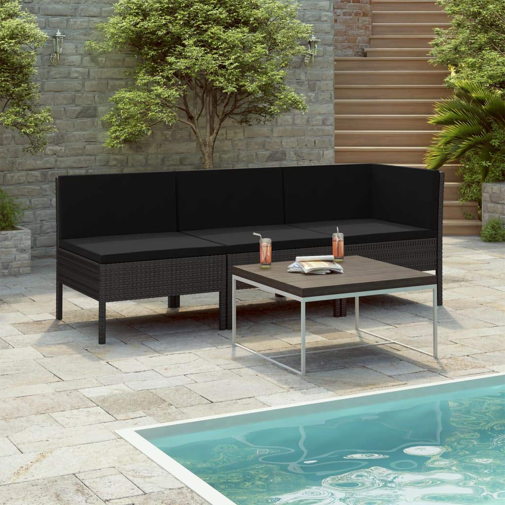 3-Piece Outdoor Patio Sofa Set with Cushions - Poly Rattan Garden Lounge Furniture for Backyard, Porch & Poolside (Black) | Durable Weather-Resistant Wicker Sectional for Relaxing & Entertaining