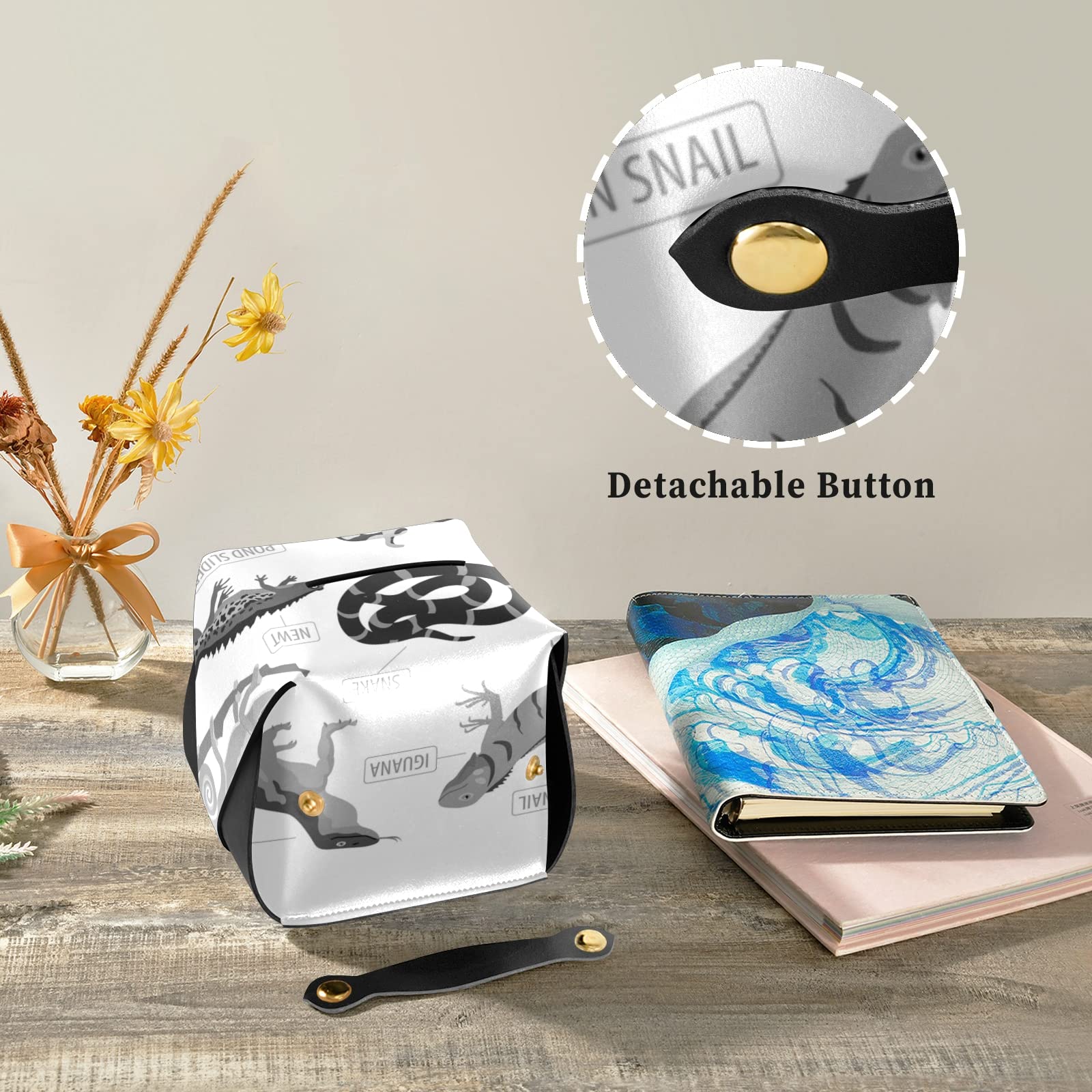 Premium Black & Grey Leather Tissue Box Cover for Reptile Pets (Frog, Iguana, Lizard, Snake, Turtle) - 9.4x5.1x3.6 Inch Rectangle Design with Handle - Perfect for Bathroom, Home, Office Desk, Nightstand, Vanity & Car
