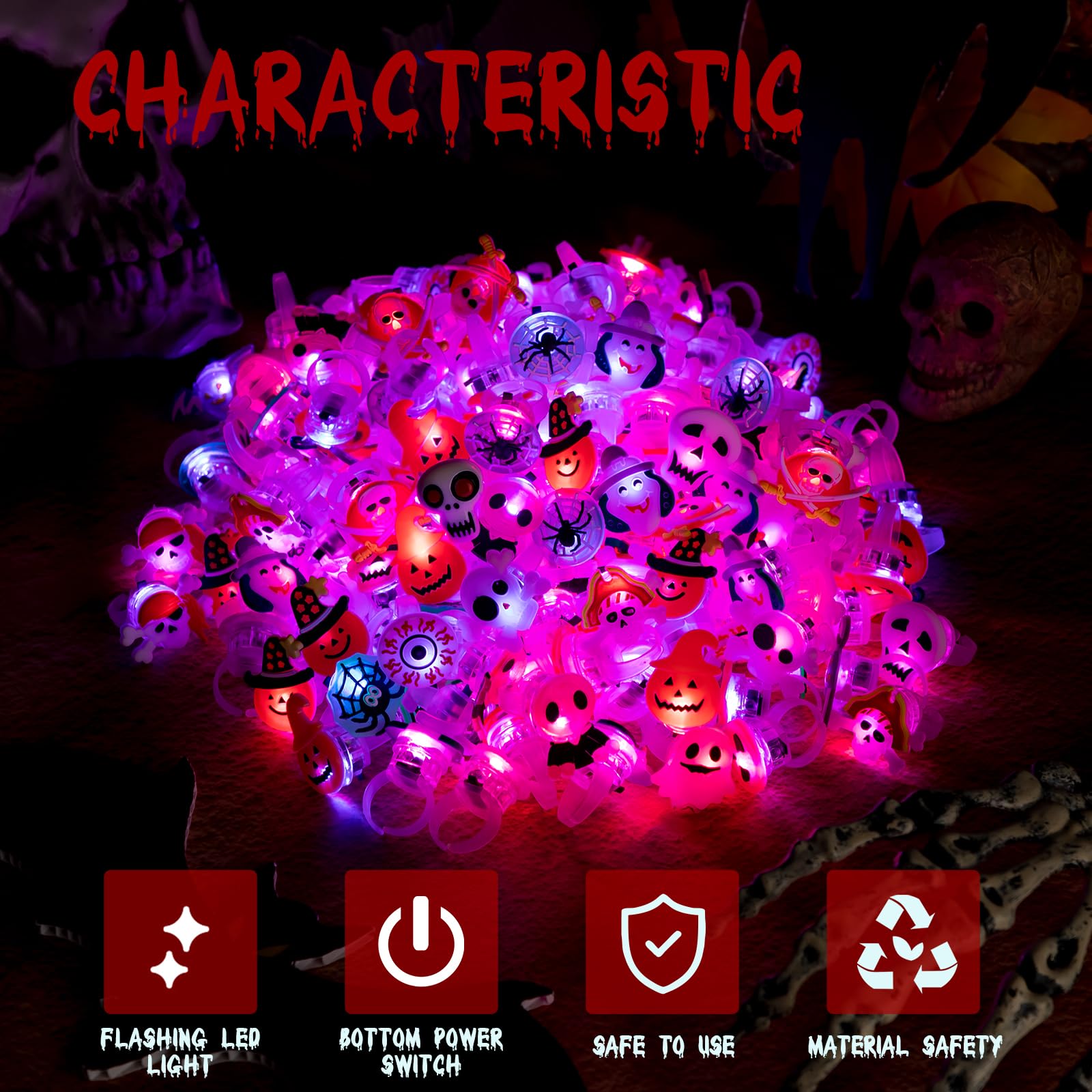 300 Pcs Halloween LED Light Up Rings - Glow in The Dark Party Favors, Trick or Treat Bag Fillers, Bulk Halloween Toys for Kids, Halloween Party Supplies & Decorations - Perfect for Trick or Treating, Haunted House Parties & Halloween Events