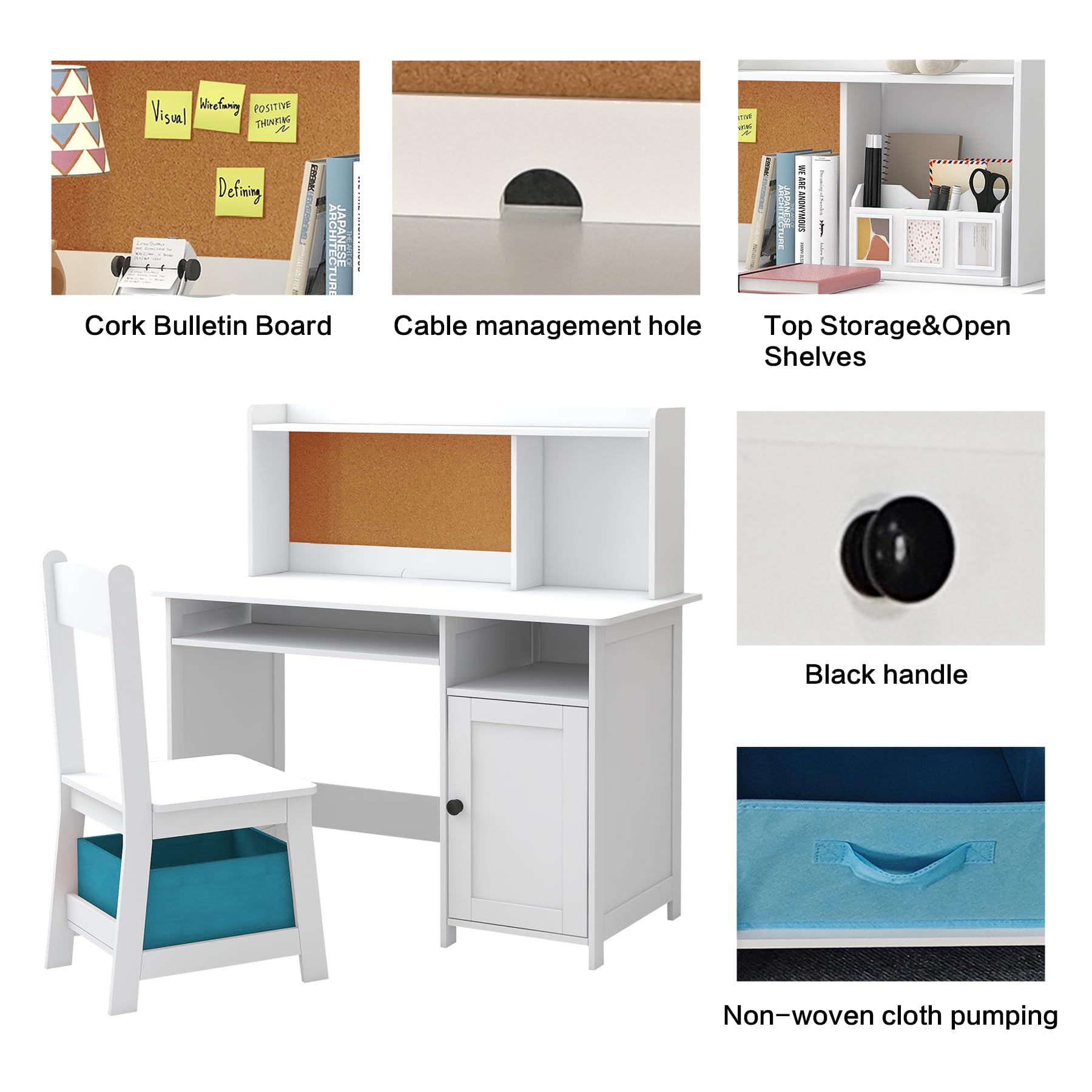 TaoHFE Kids Desk and Chair Set with Storage Shelf - Wooden Study Table & Chair for Boys Girls - Craft Writing Desk for Bedroom, Homeschool, Learning - White