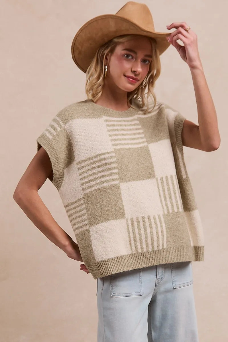 Striped Sleeveless Sweater for Women - BiBi Checker Knit Top | Casual Summer Wear, Beach Cover-Up, Layering Piece