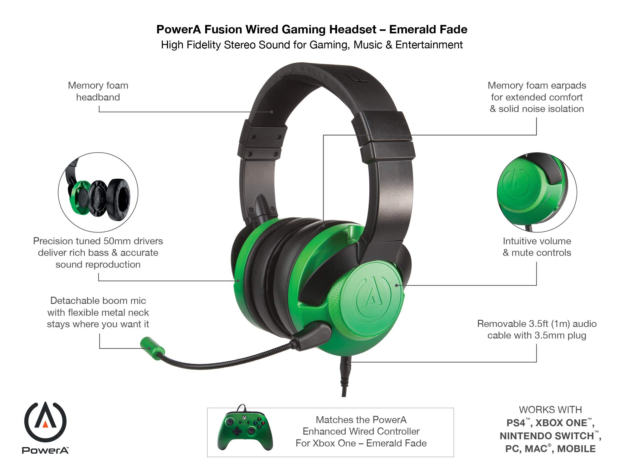 PowerA Fusion Wired Stereo Gaming Headset with Mic - Compatible with PS4, Xbox One, Nintendo Switch, PC, Mac, VR, Android & iOS - Emerald Fade | Perfect for Competitive Gaming, Streaming & Online Chat