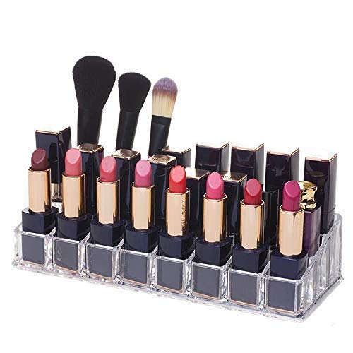 24-Slot Clear Acrylic Lipstick Organizer Stand | Flipco Cosmetic Display Holder for Lipsticks, Makeup Brushes & Small Bottles | Perfect for Vanity, Bathroom & Salon Organization