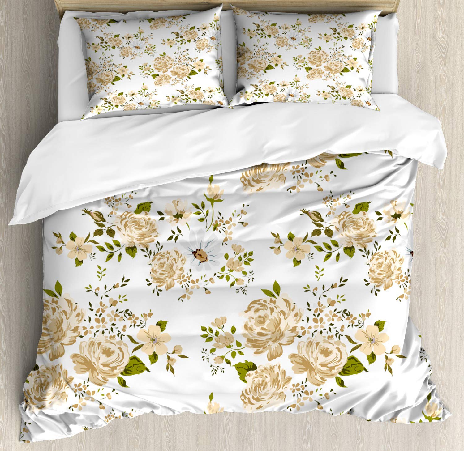 Ambesonne Floral Duvet Cover Set - King Size 3-Piece Bedding with Rose Botanical Design in White & Beige | Gardening Inspired Home Decor for Master Bedroom, Guest Room & Farmhouse Style
