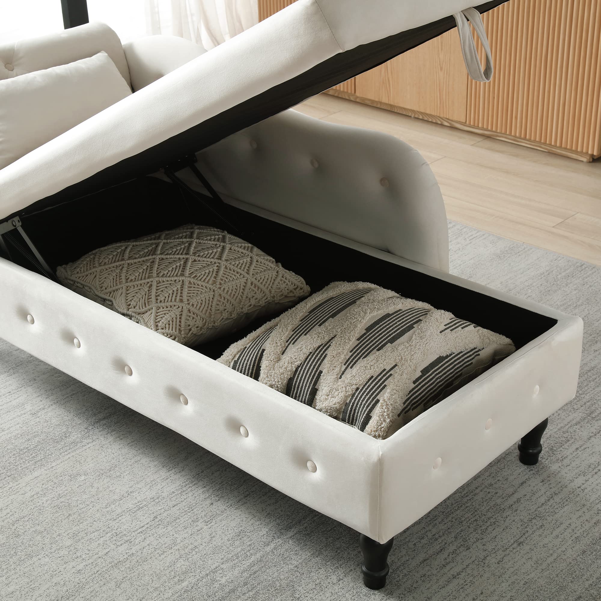 Holaki Velvet Storage Chaise Lounge - Tufted End of Bed Bench with Pillow, Nailhead Trim & Solid Wood Legs | Modern Sleeper Sofa Couch for Living Room, Bedroom & Dorm (Beige) - Perfect for Small Spaces, Guest Seating & Extra Storage