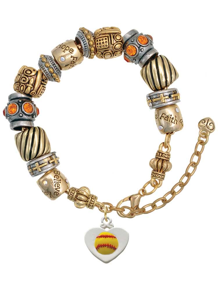 Christian Bead Bracelet for Women - Two Tone Heart & Softball Design with Silvertone Finish, Adjustable 7