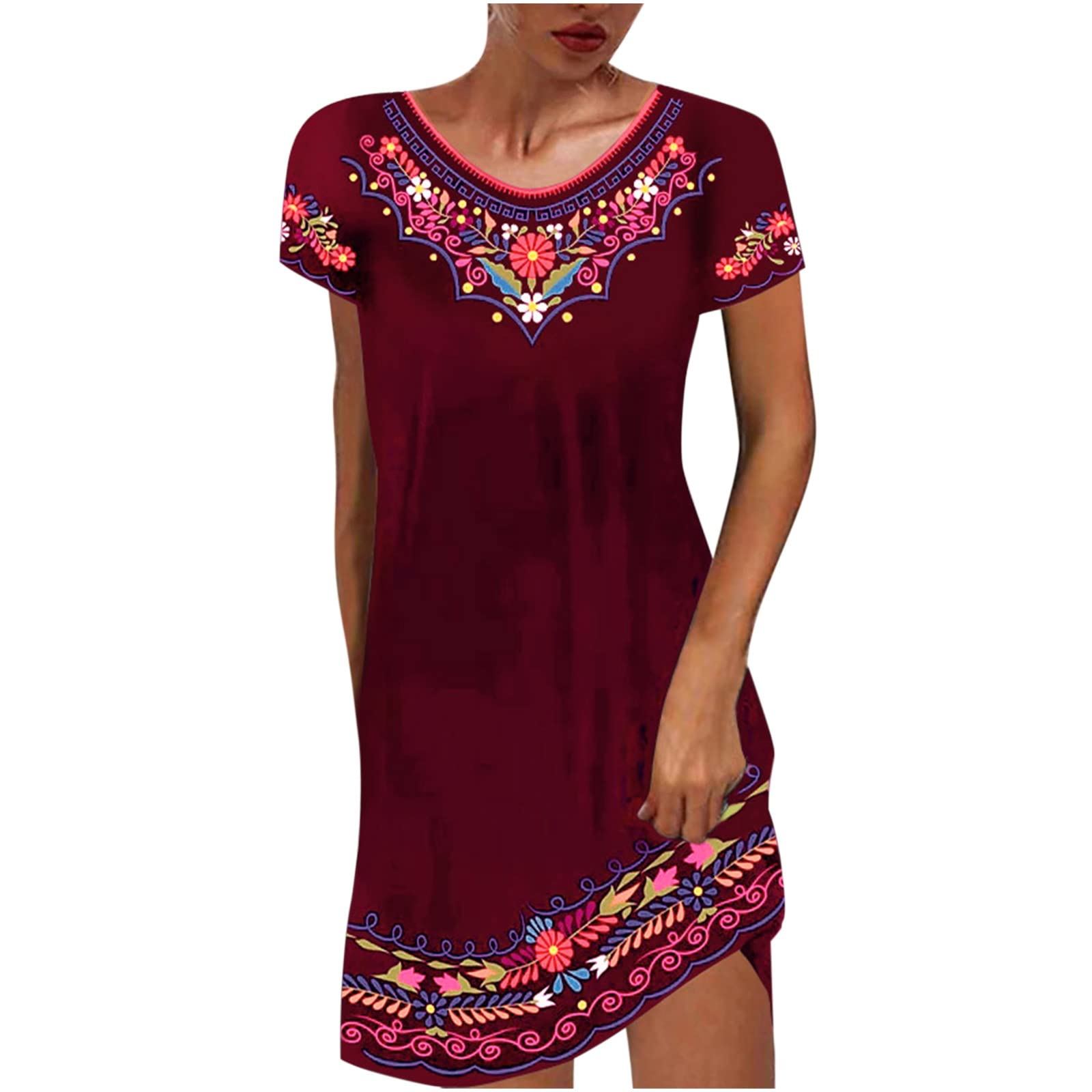 Women's Vintage Boho Sun Dress - Summer Casual Short Sleeve Round Neck Knee Length Dress for Wedding Guest, Beach Vacation & Outdoor Activities