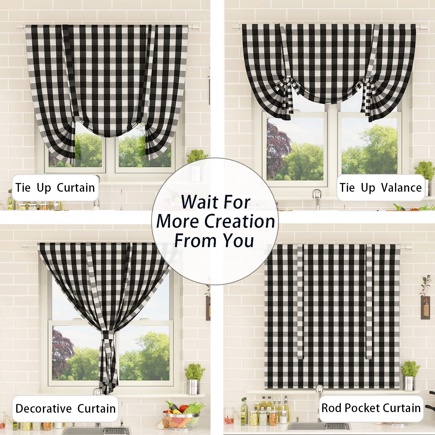 Buffalo Check Tie Up Kitchen Window Curtain - Adjustable Plaid Gingham Farmhouse Shade with Rod Pocket for Bathroom, 42 x 54 Inches, Black & White - Perfect for Rustic Home Decor & Cozy Farmhouse Style