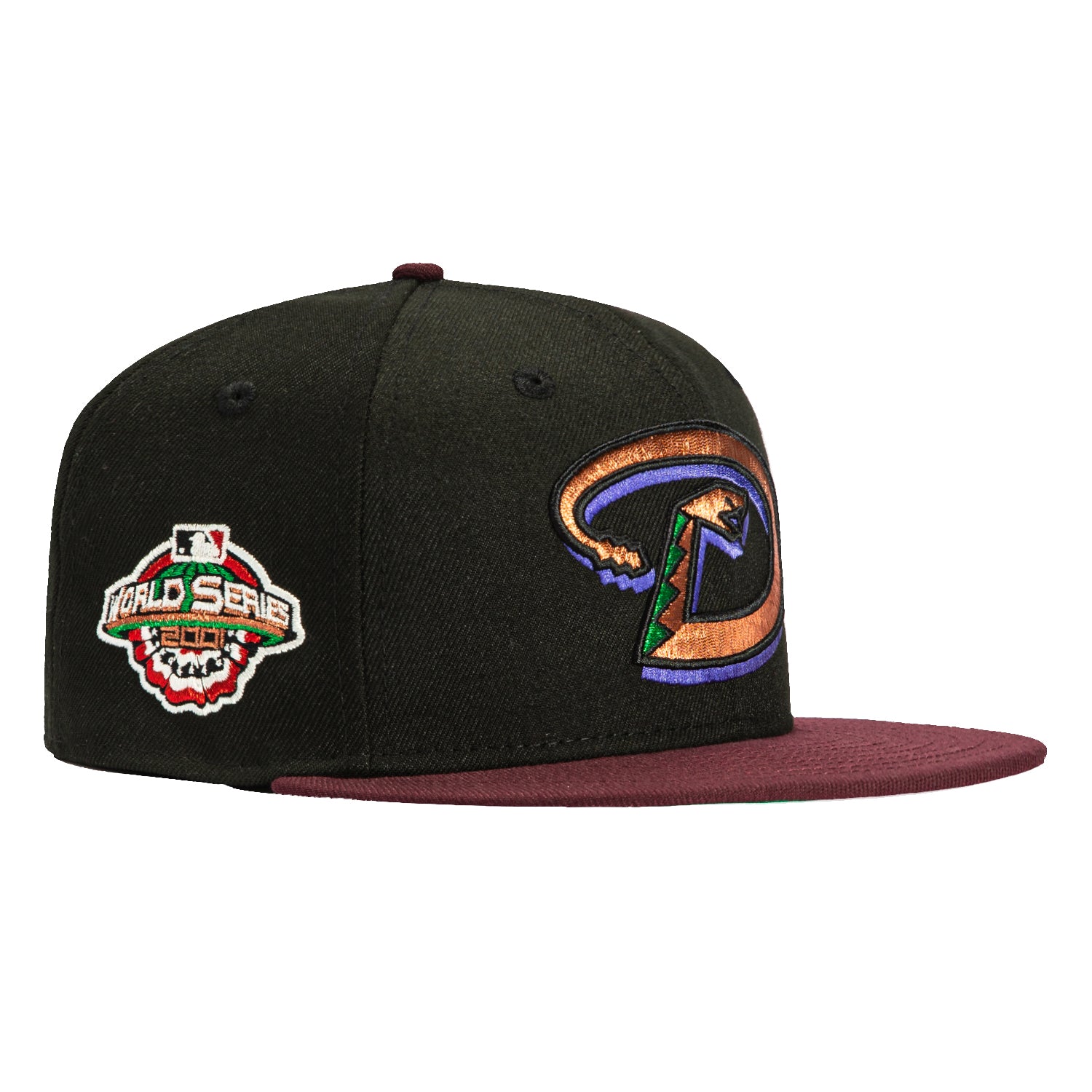 New Era 59Fifty Arizona Diamondbacks 2001 World Series Patch Snapback Hat - Black, Maroon & Metallic Copper - Perfect for Baseball Fans, Sports Collectors & Game Day Outfits