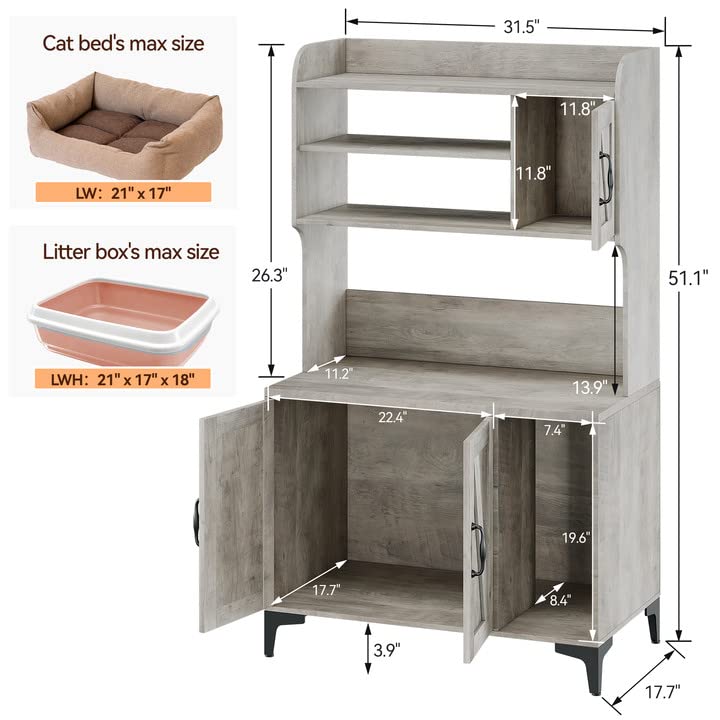 IDEALHOUSE Wooden Cat Litter Box Enclosure with Shelves & Doors - Sturdy Hidden Litter Box Furniture Cabinet for Indoor Cats - Grey | Perfect for Small Spaces & Home Decor